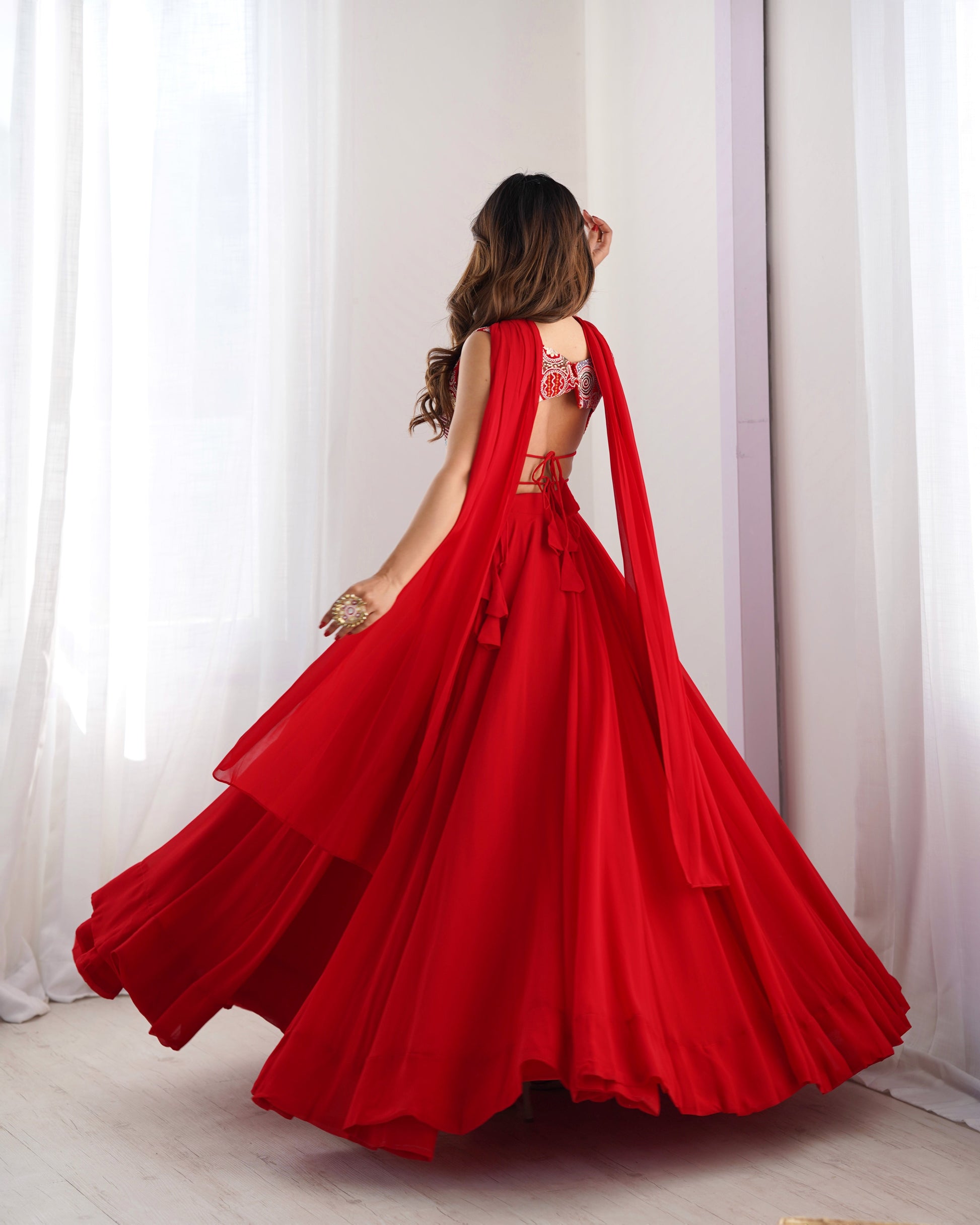 Fabulous Red Pure Soft Faux Georgette Fully Stitched Lehenga Choli Set - Ethnicwish