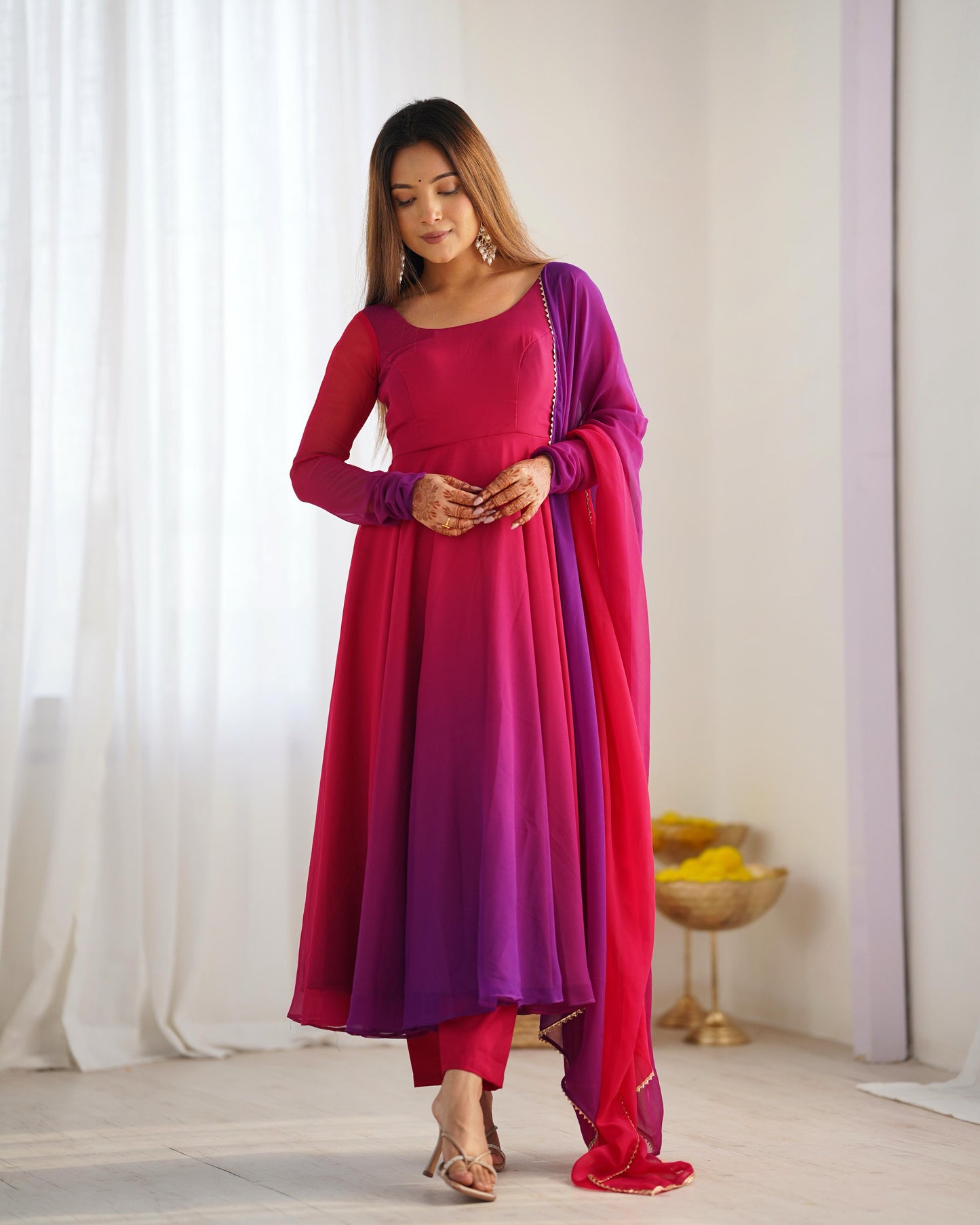 Spectacular Shaded Digital Printed Faux Georgette Anarkali Pant Suit - Ethnicwish