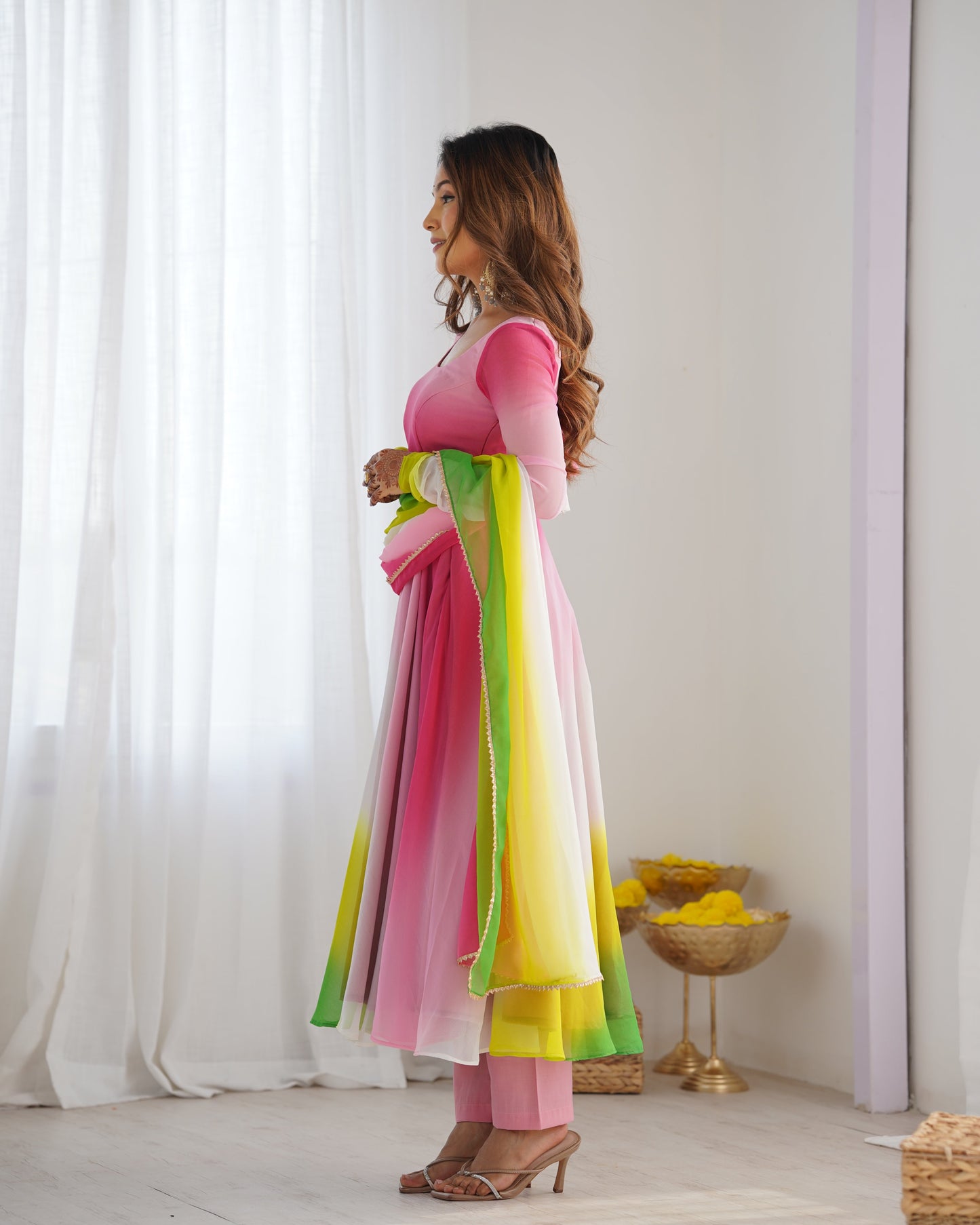 Spectacular Shaded Digital Printed Faux Georgette Anarkali Pant Suit - Ethnicwish