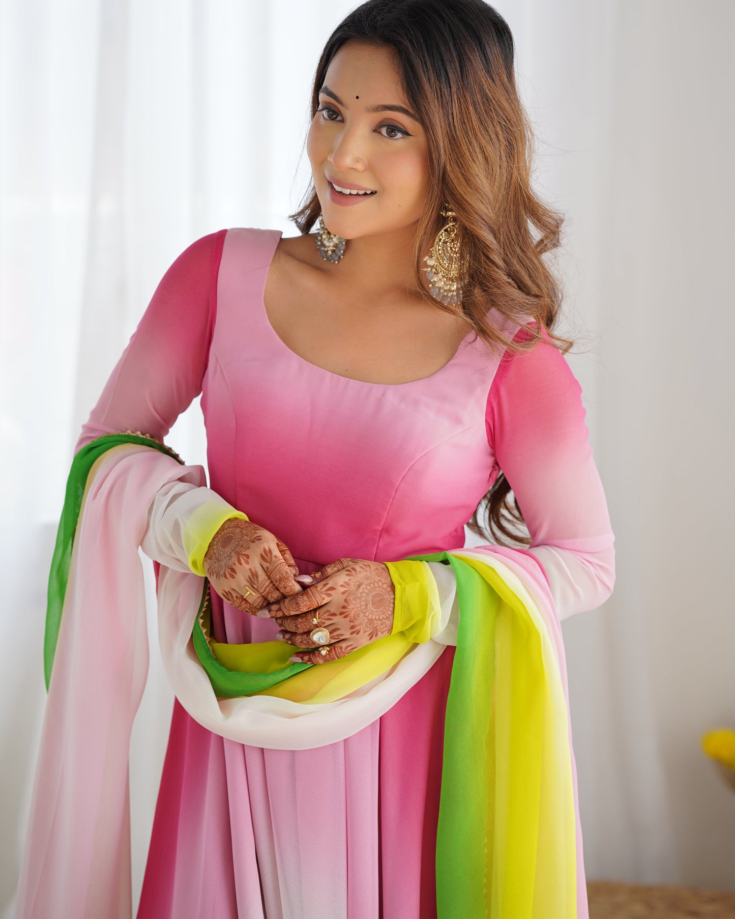 Spectacular Shaded Digital Printed Faux Georgette Anarkali Pant Suit - Ethnicwish