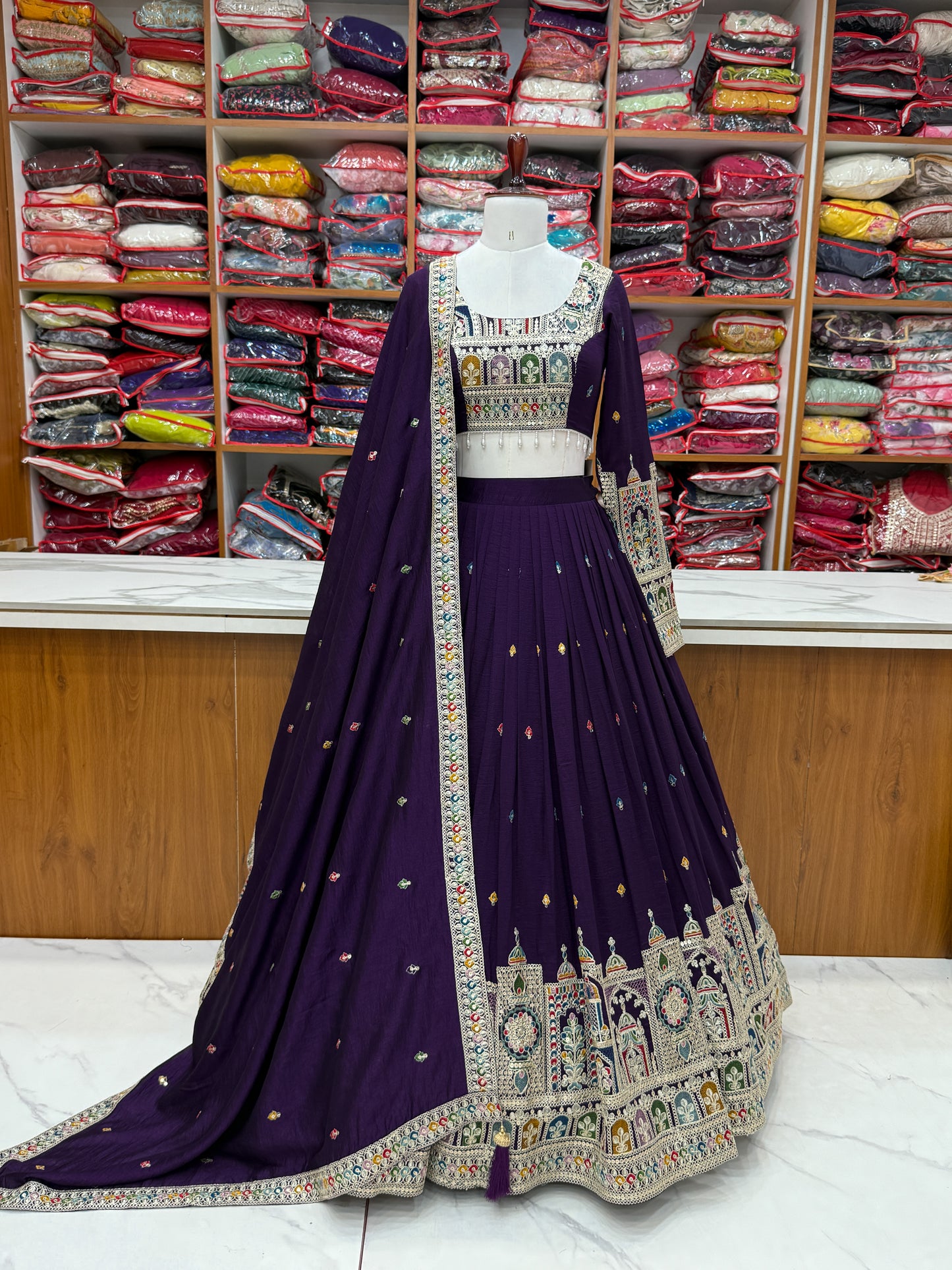 Premium Vichitra Silk Embroidered Lehenga Set – Fully Stitched & Ready to Wear