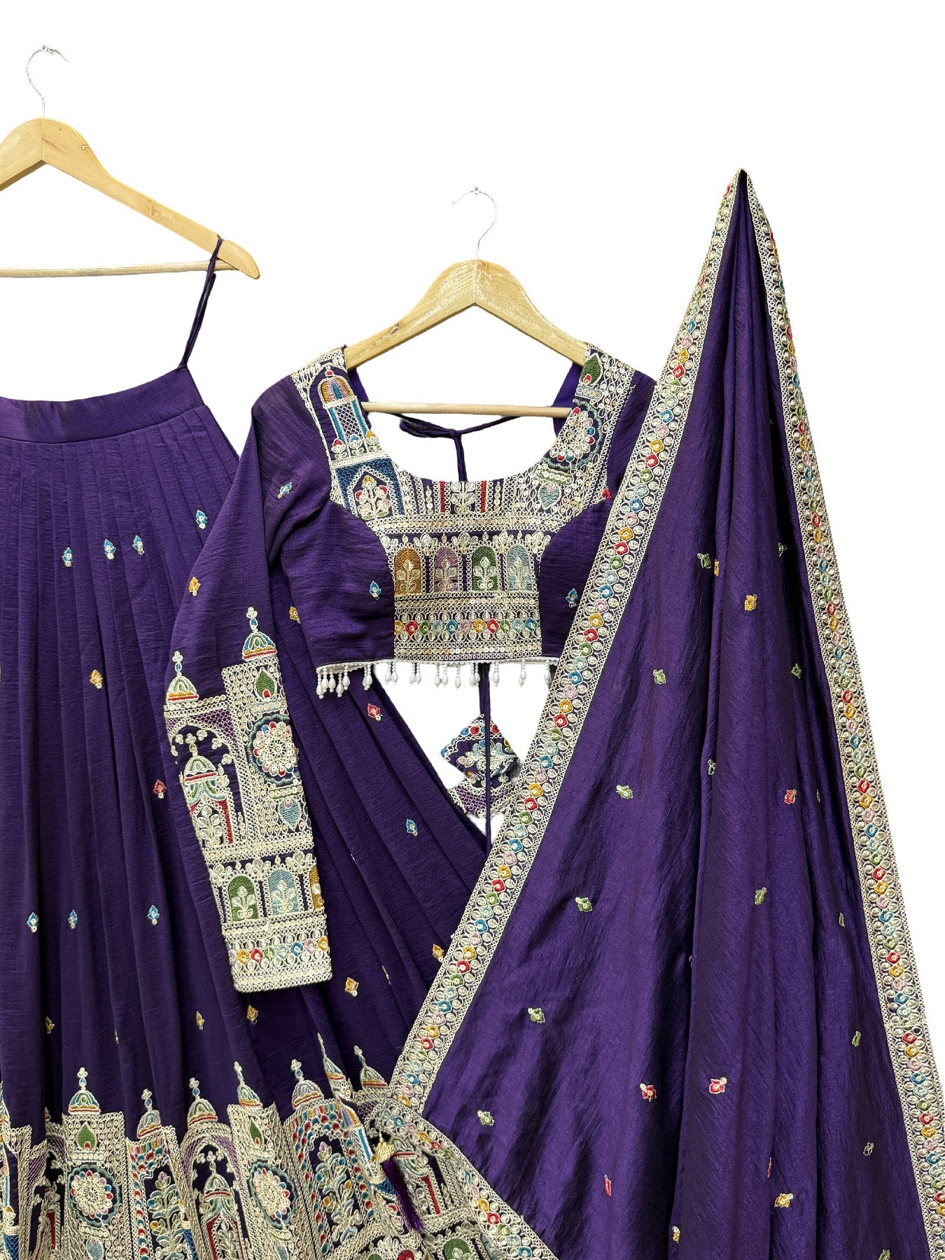 Premium Vichitra Silk Embroidered Lehenga Set – Fully Stitched & Ready to Wear