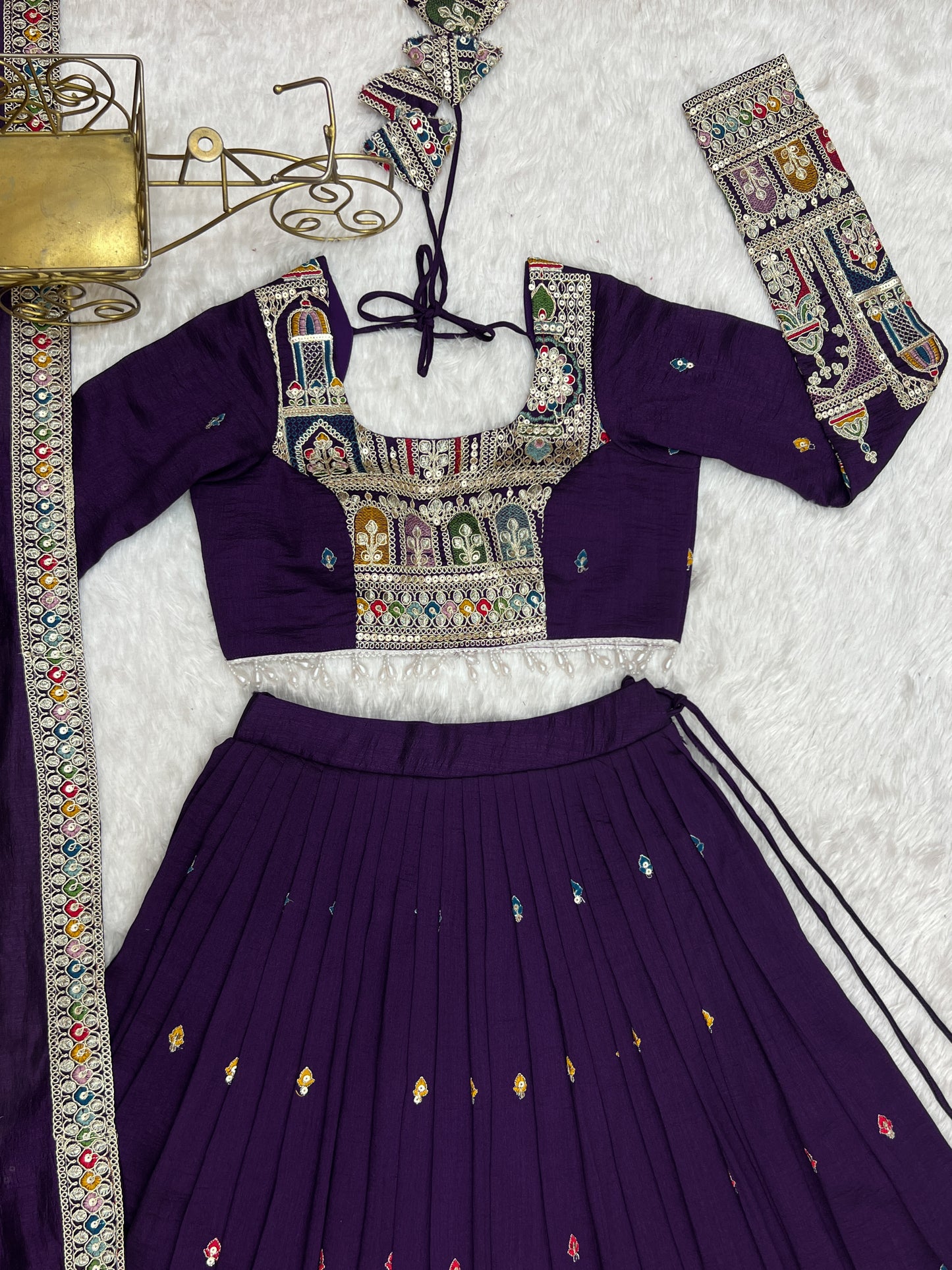 Premium Vichitra Silk Embroidered Lehenga Set – Fully Stitched & Ready to Wear