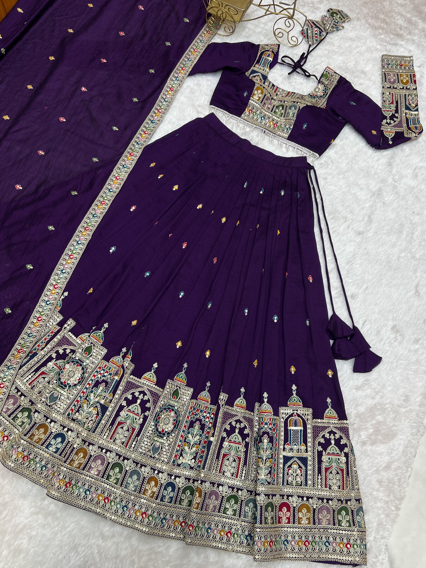 Premium Vichitra Silk Embroidered Lehenga Set – Fully Stitched & Ready to Wear