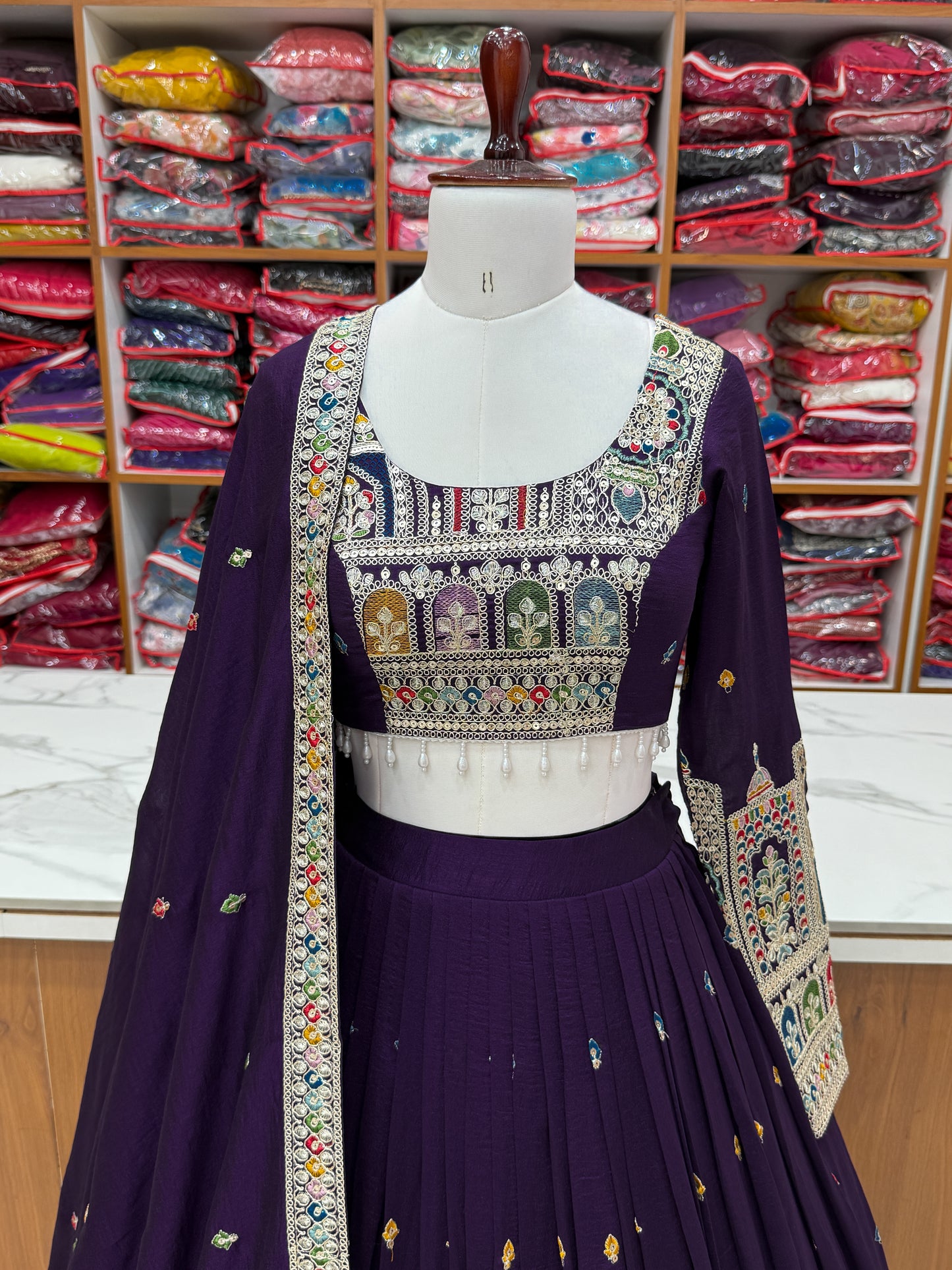 Premium Vichitra Silk Embroidered Lehenga Set – Fully Stitched & Ready to Wear