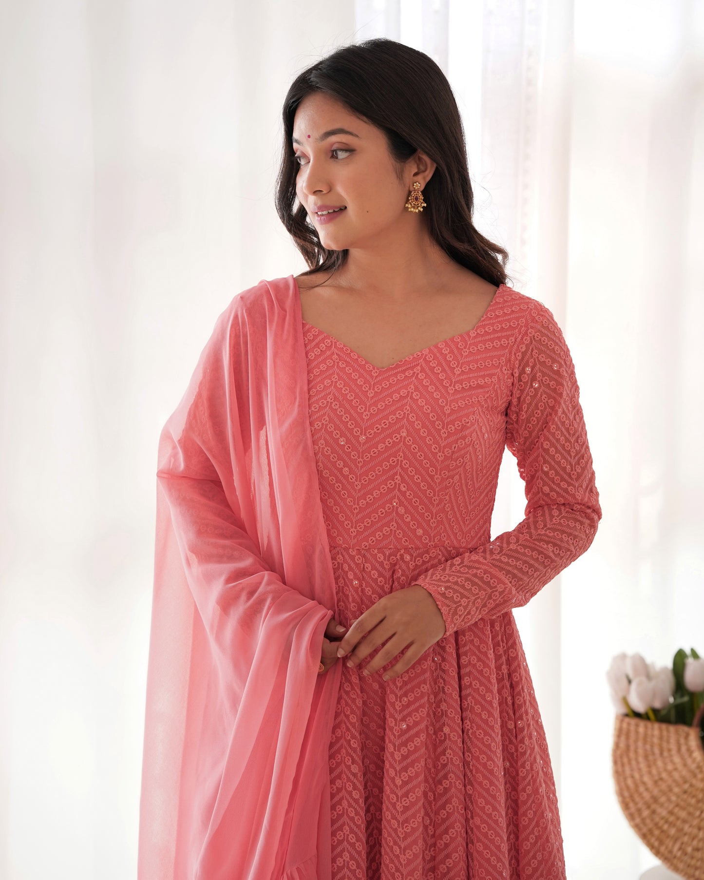 Arresting Pure Soft Georgette Lucknowi Sequins Embroidered Anarkali Pant Suit