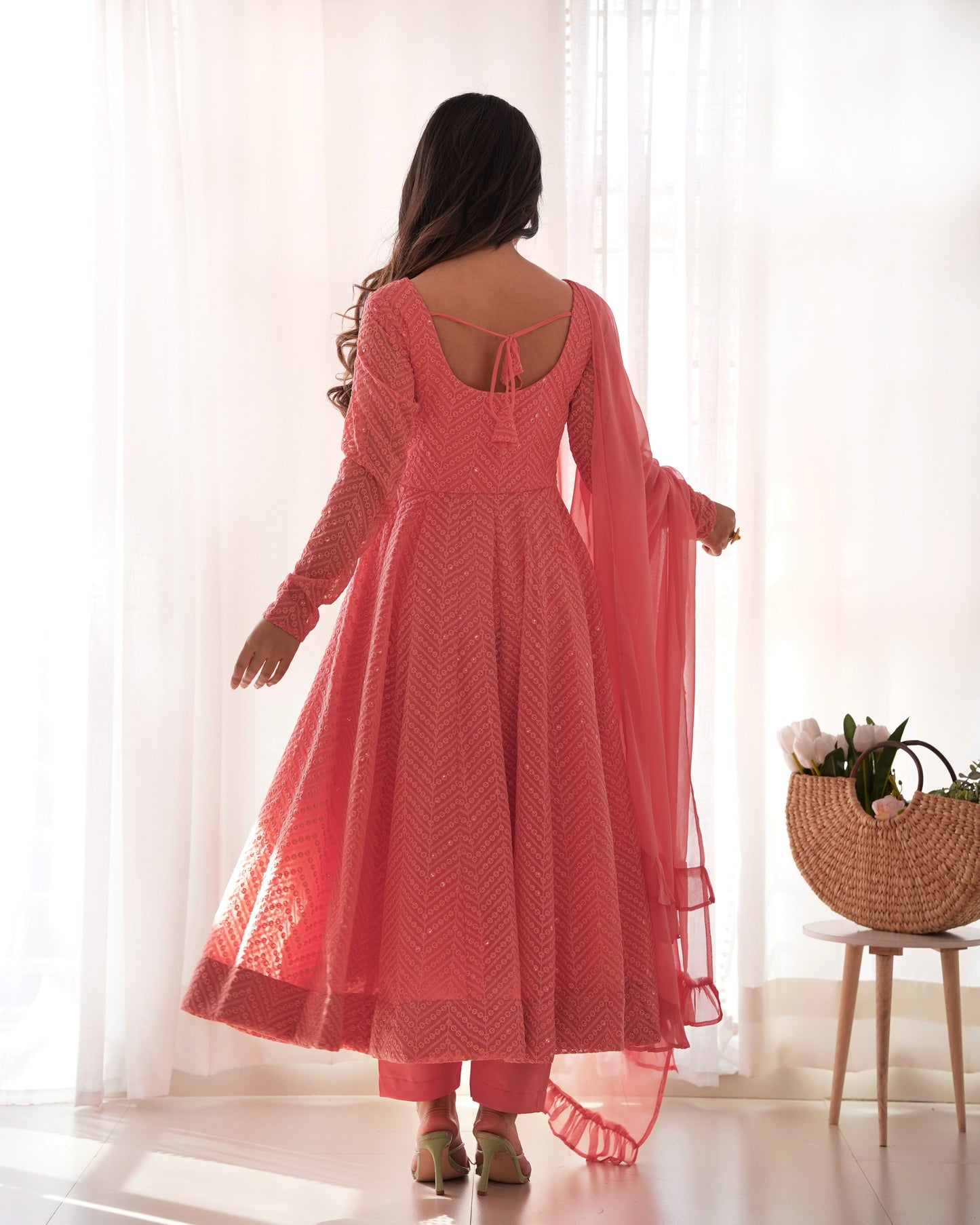 Arresting Pure Soft Georgette Lucknowi Sequins Embroidered Anarkali Pant Suit