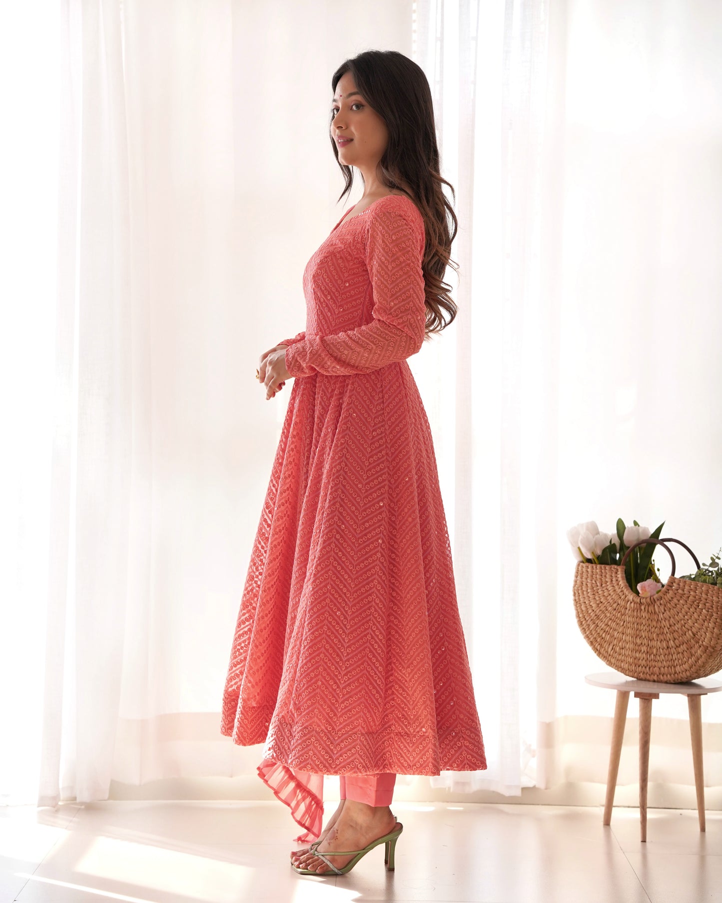 Arresting Pure Soft Georgette Lucknowi Sequins Embroidered Anarkali Pant Suit