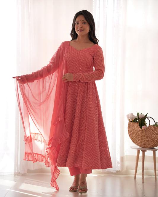 Arresting Pure Soft Georgette Lucknowi Sequins Embroidered Anarkali Pant Suit