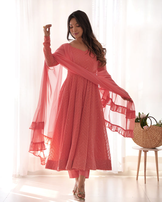 Arresting Pure Soft Georgette Lucknowi Sequins Embroidered Anarkali Pant Suit