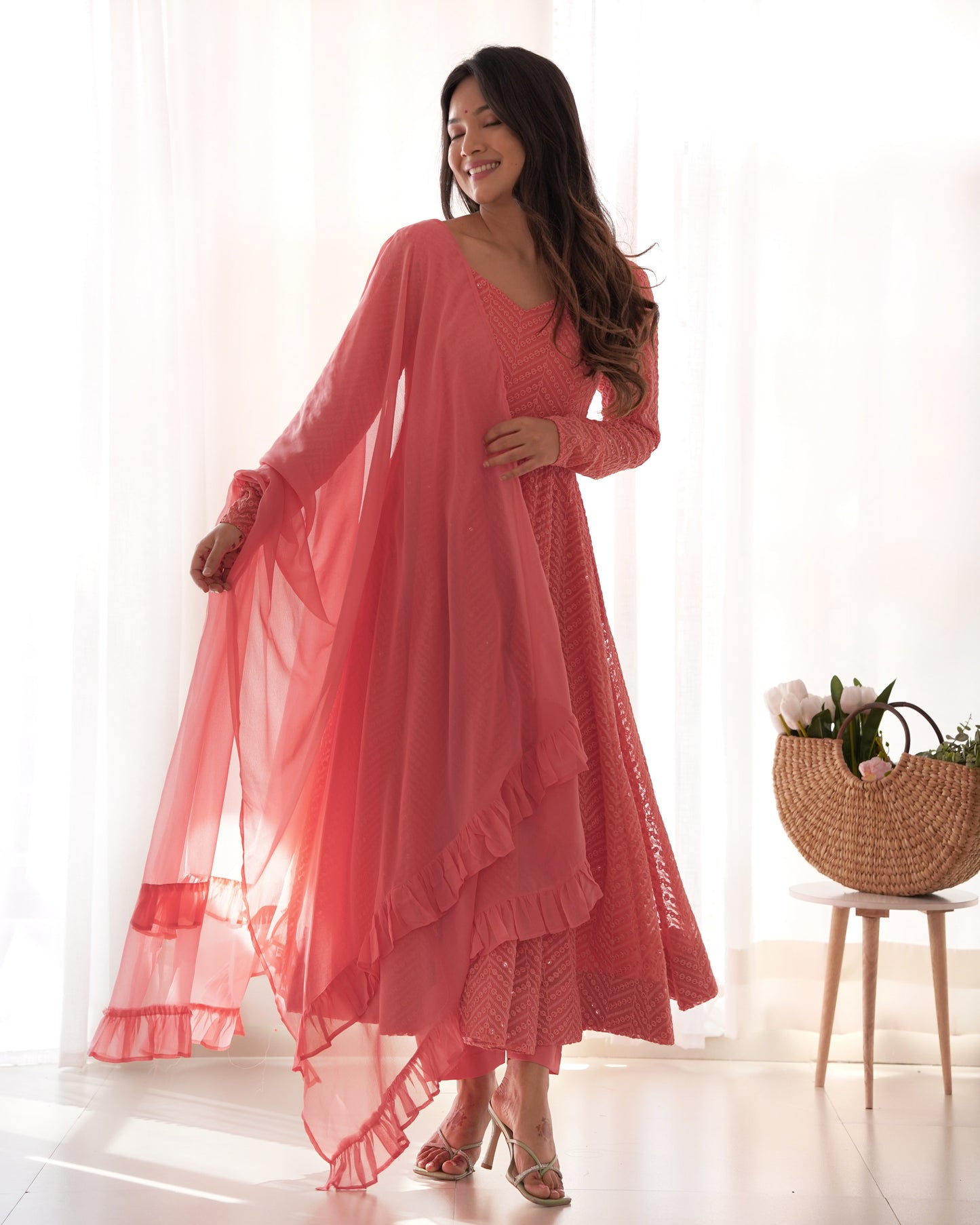 Arresting Pure Soft Georgette Lucknowi Sequins Embroidered Anarkali Pant Suit