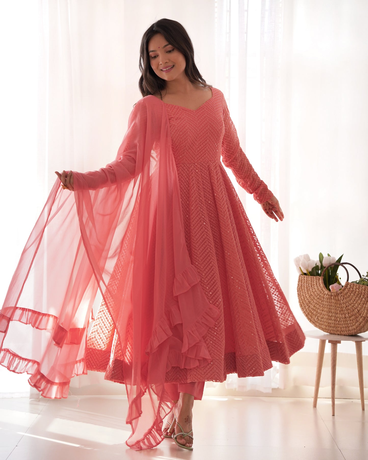 Arresting Pure Soft Georgette Lucknowi Sequins Embroidered Anarkali Pant Suit