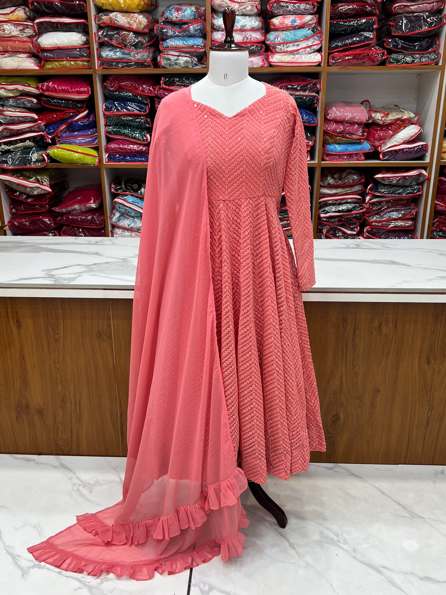 Arresting Pure Soft Georgette Lucknowi Sequins Embroidered Anarkali Pant Suit
