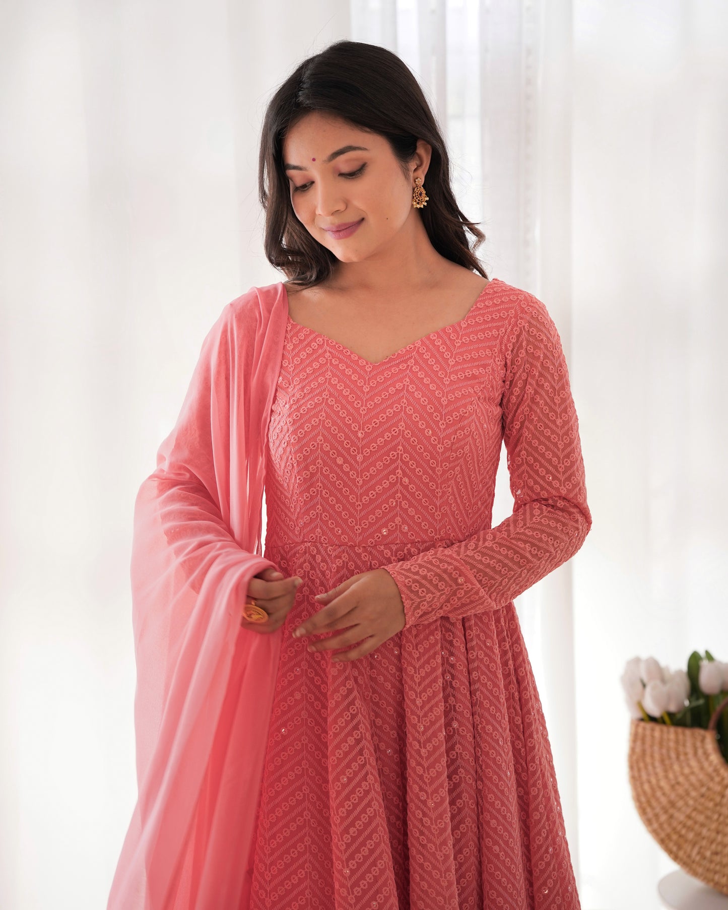 Arresting Pure Soft Georgette Lucknowi Sequins Embroidered Anarkali Pant Suit
