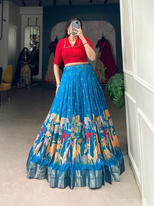 Magnificent Kalamkari Printed Zari Weaving Border Dola Silk Lehenga Choli