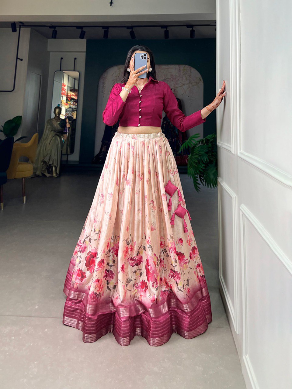 Magnificent Rani Pink Dola Silk Floral Printed Lehenga Choli Set - Ethnicwish