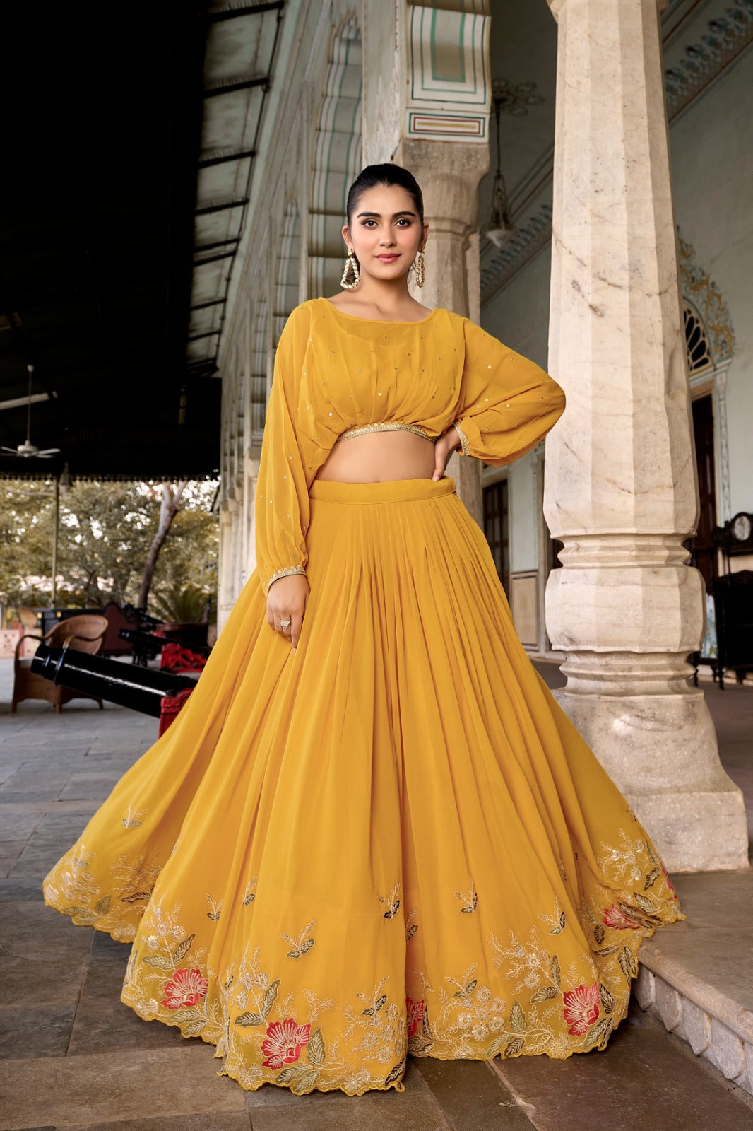 Elegant Georgette Sequins Butti Lace Border Worked Top Lehenga Set - Ethnicwish