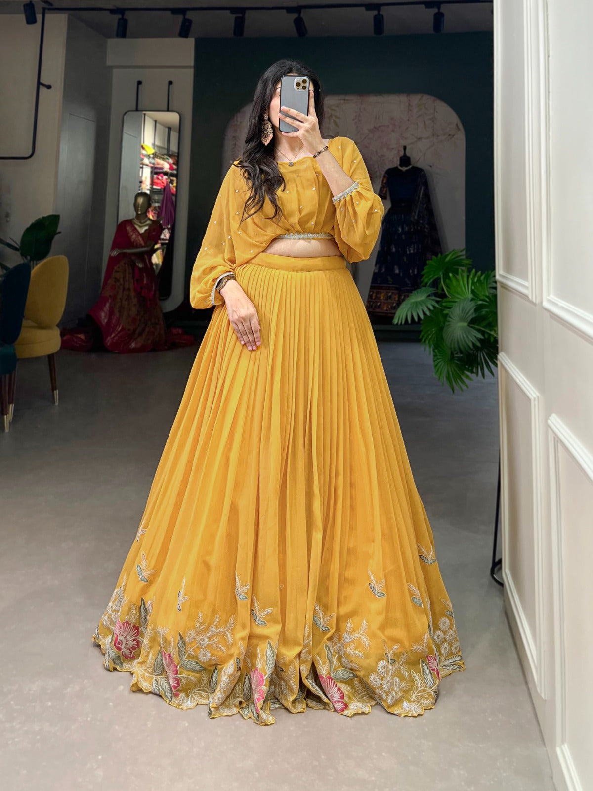 Elegant Georgette Sequins Butti Lace Border Worked Top Lehenga Set - Ethnicwish