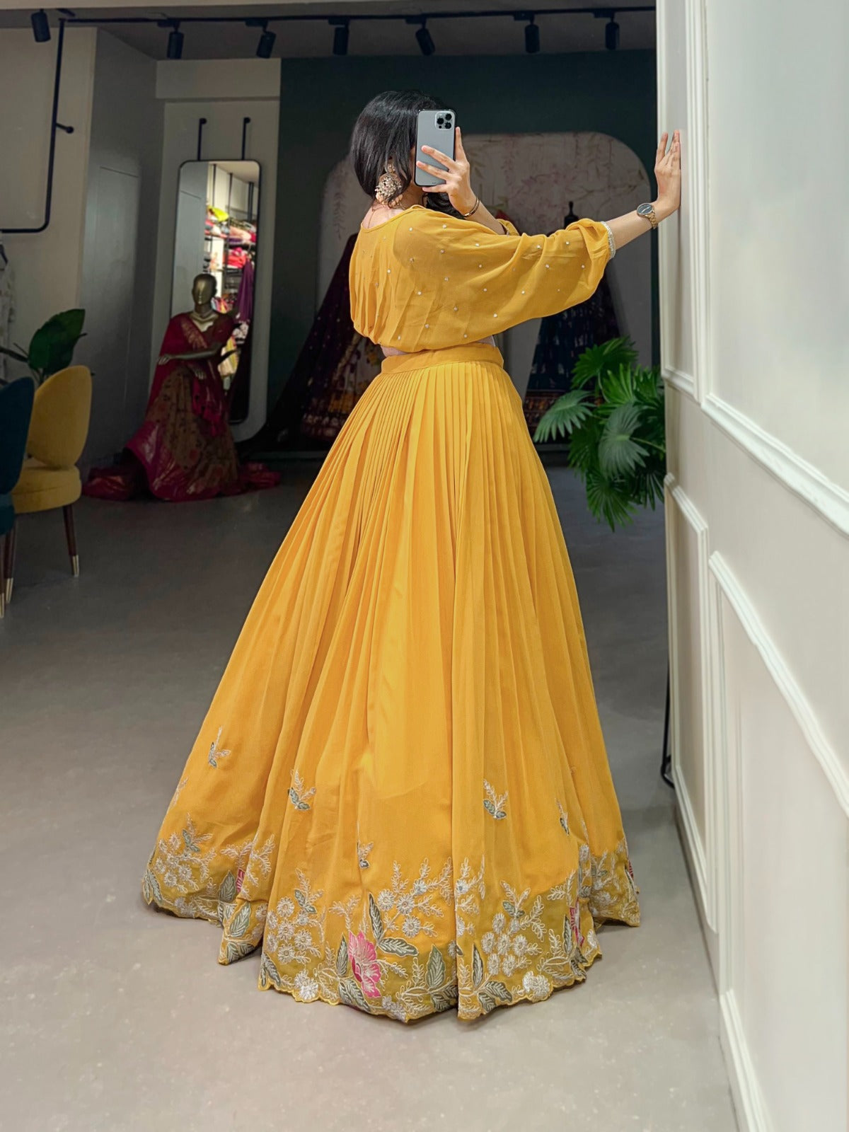 Elegant Georgette Sequins Butti Lace Border Worked Top Lehenga Set - Ethnicwish