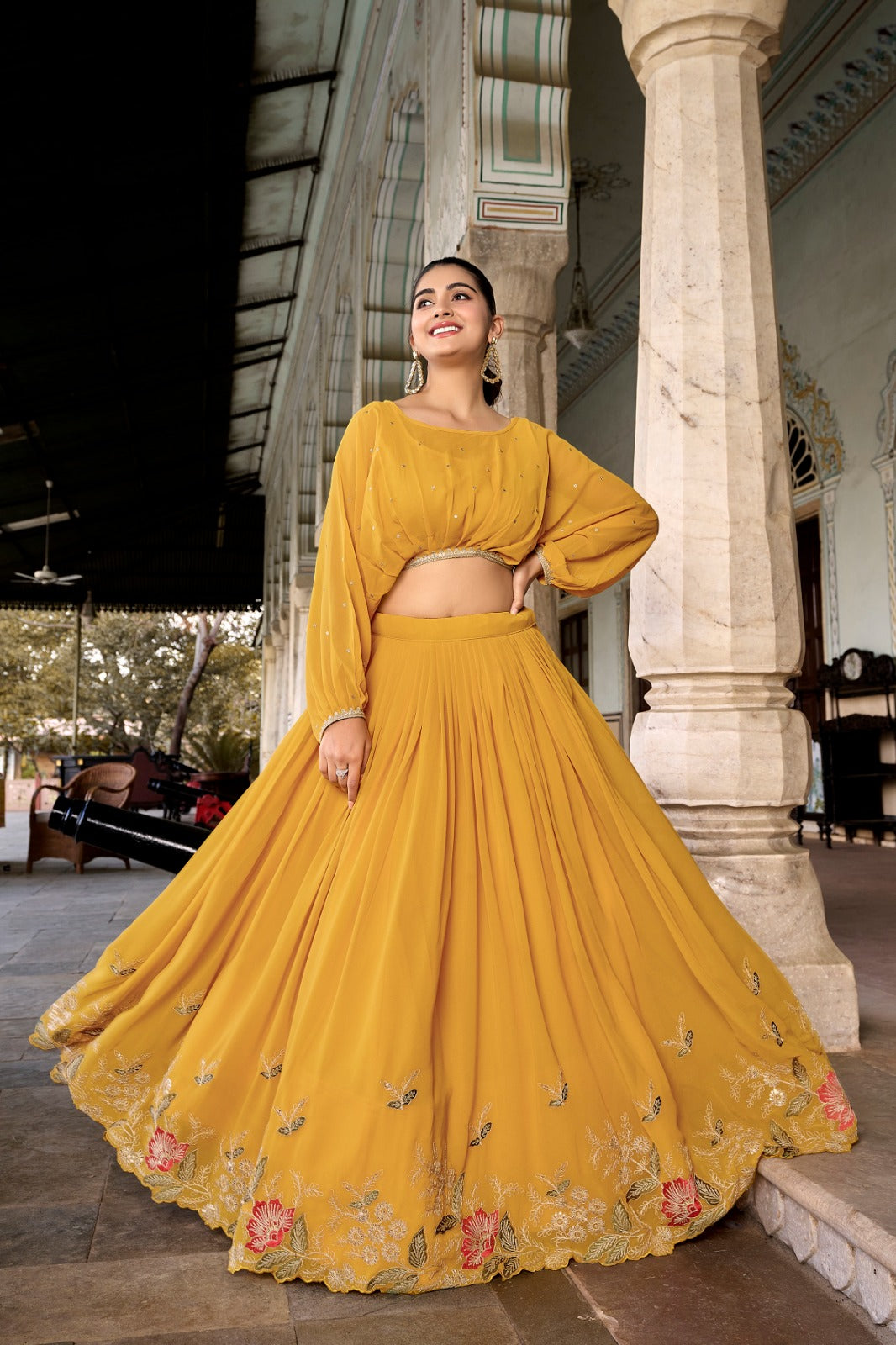 Elegant Georgette Sequins Butti Lace Border Worked Top Lehenga Set - Ethnicwish