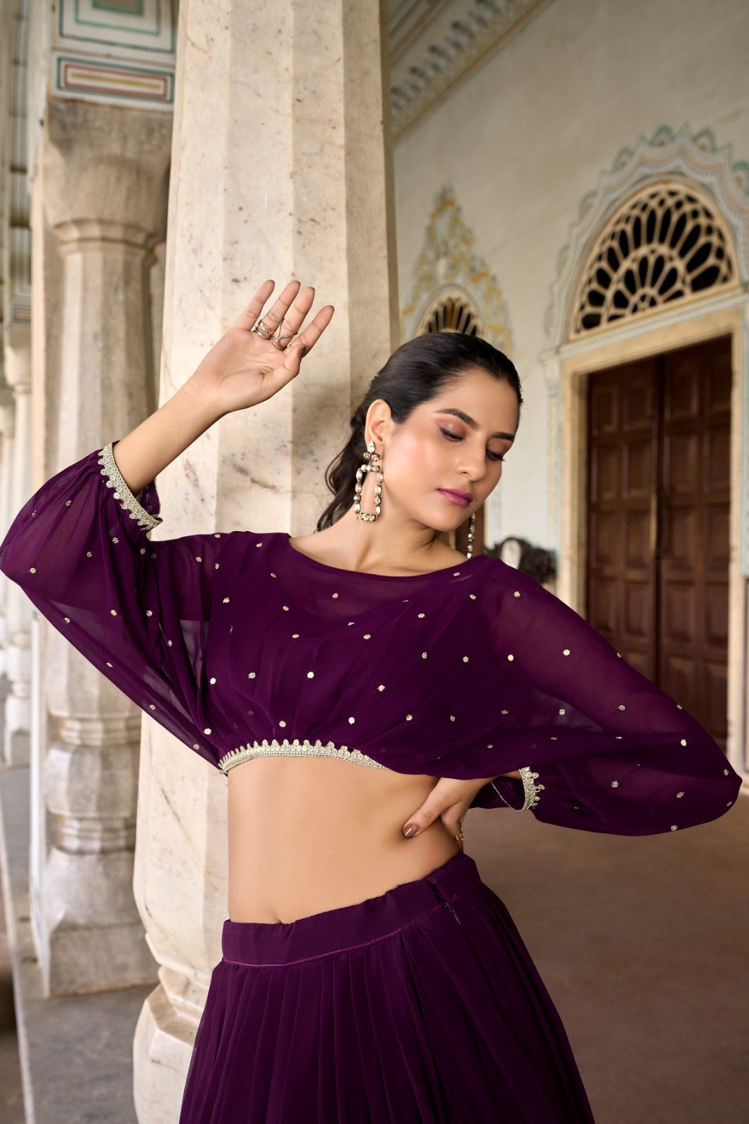 Elegant Georgette Sequins Butti Lace Border Worked Top Lehenga Set - Ethnicwish