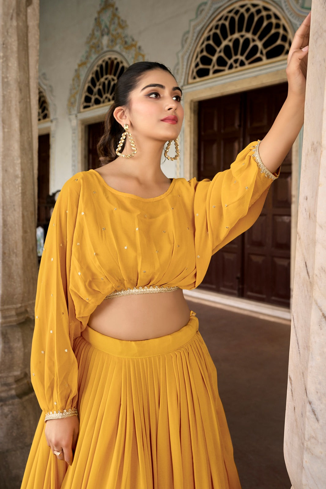 Elegant Georgette Sequins Butti Lace Border Worked Top Lehenga Set - Ethnicwish