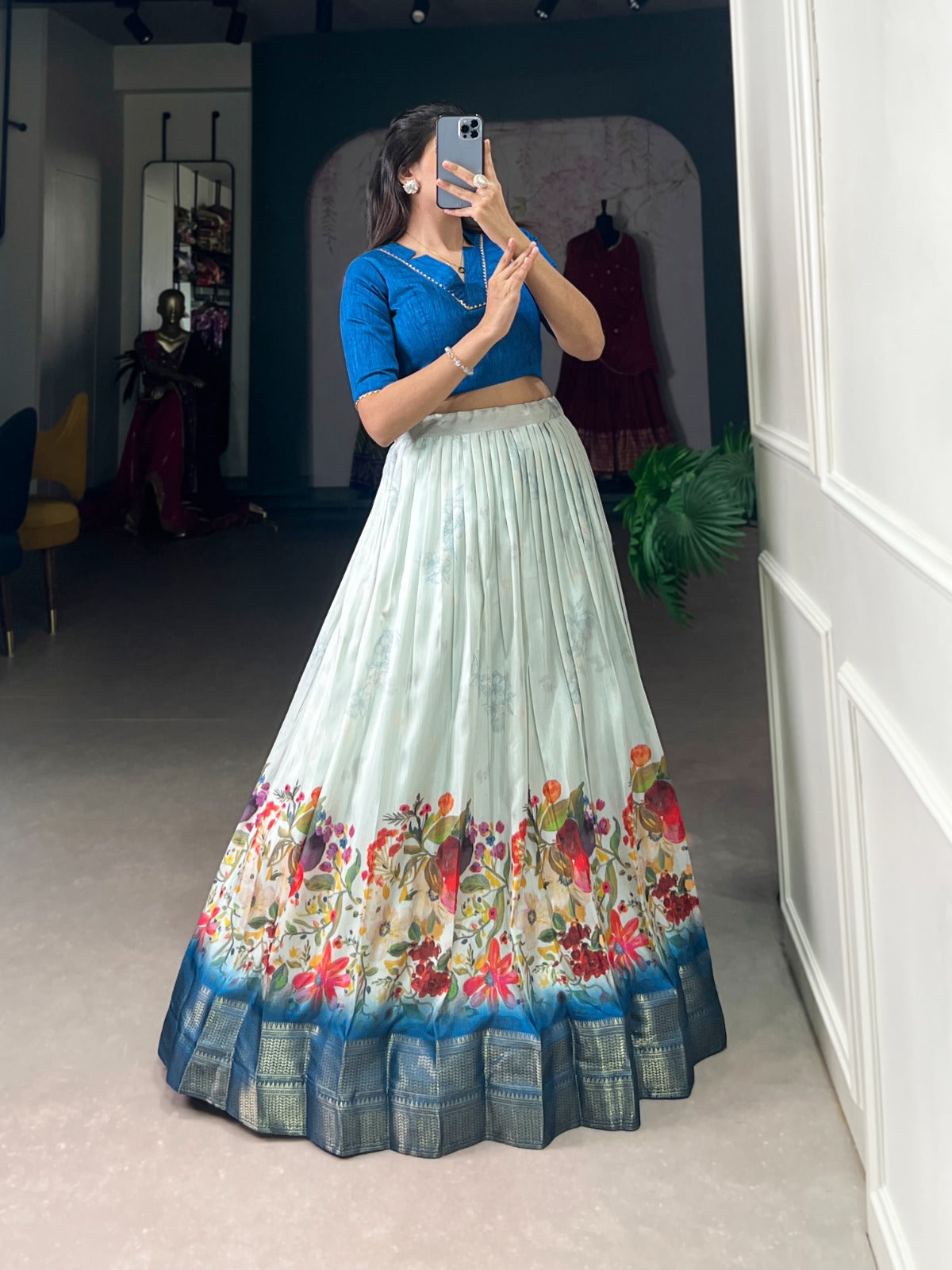 Dashing Cotton Silk Floral Printed Zari Border Worked Lehenga Choli - Ethnicwish