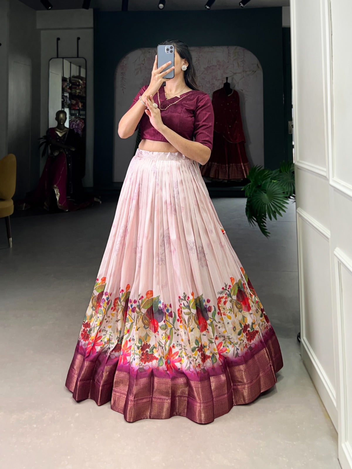 Dashing Cotton Silk Floral Printed Zari Border Worked Lehenga Choli - Ethnicwish