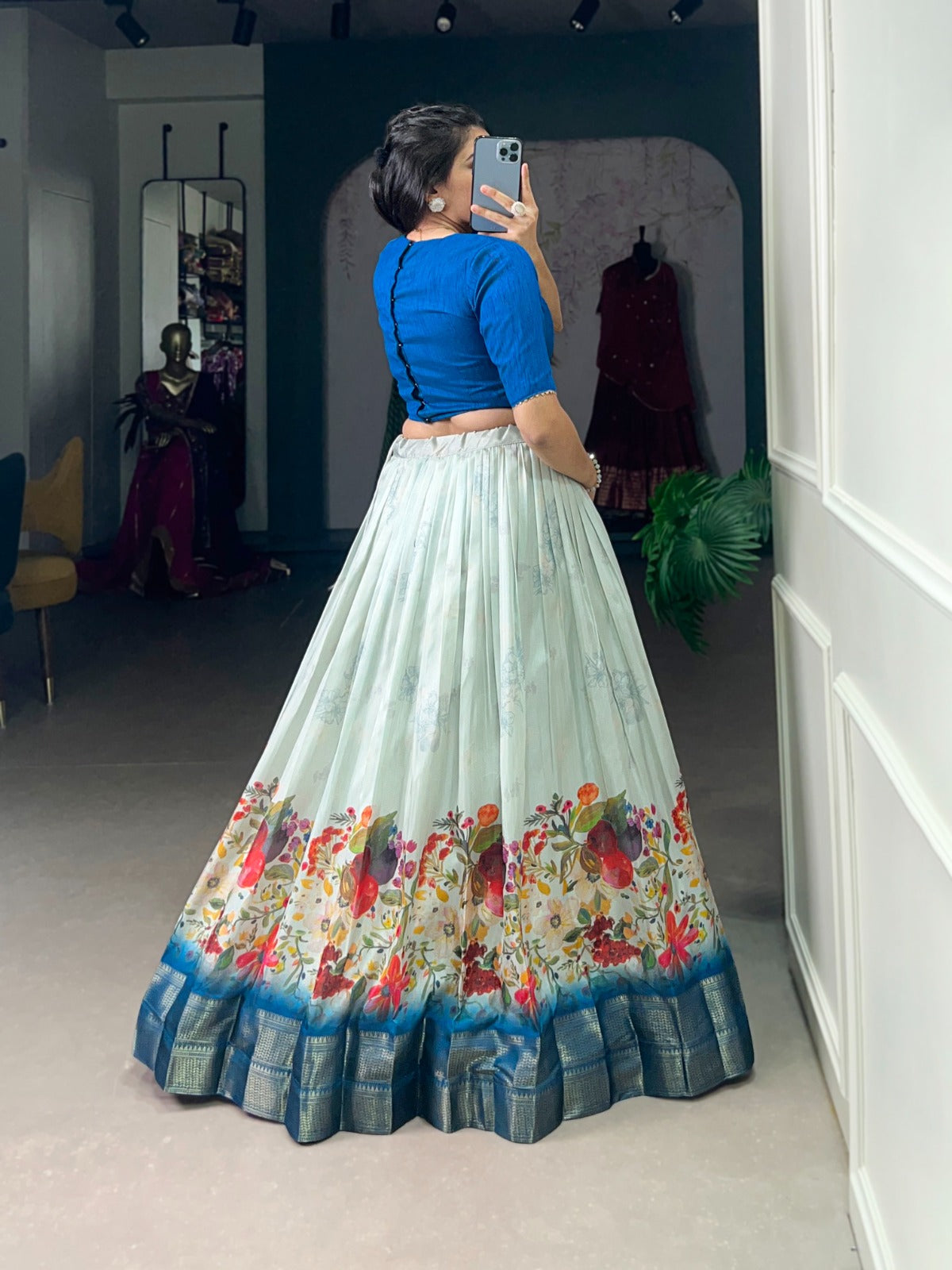 Dashing Cotton Silk Floral Printed Zari Border Worked Lehenga Choli - Ethnicwish