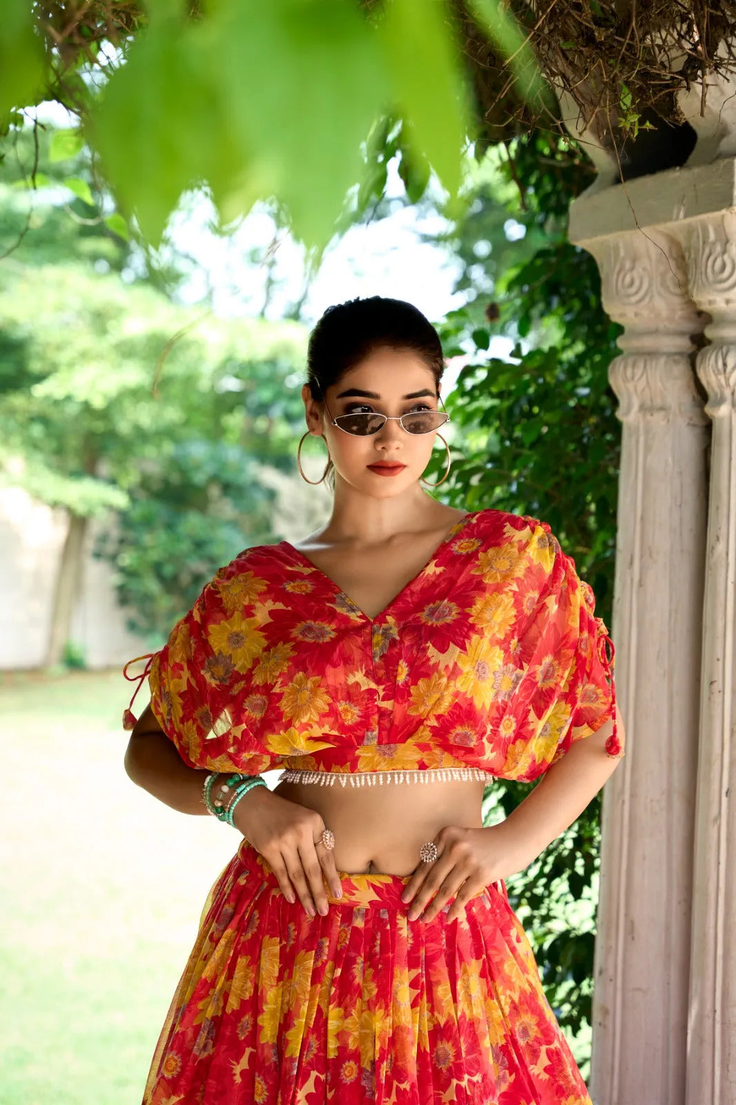 Sublime Red Soft Chiffon Floral Printed Lehenga With Blouse Set - Ethnicwish