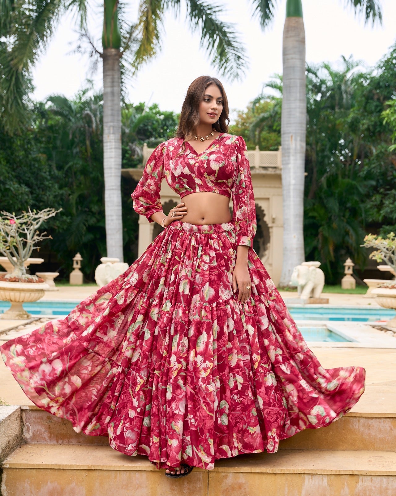 Stunning Georgette Floral Digital Printed Lehenga With Stitched Blouse - Ethnicwish