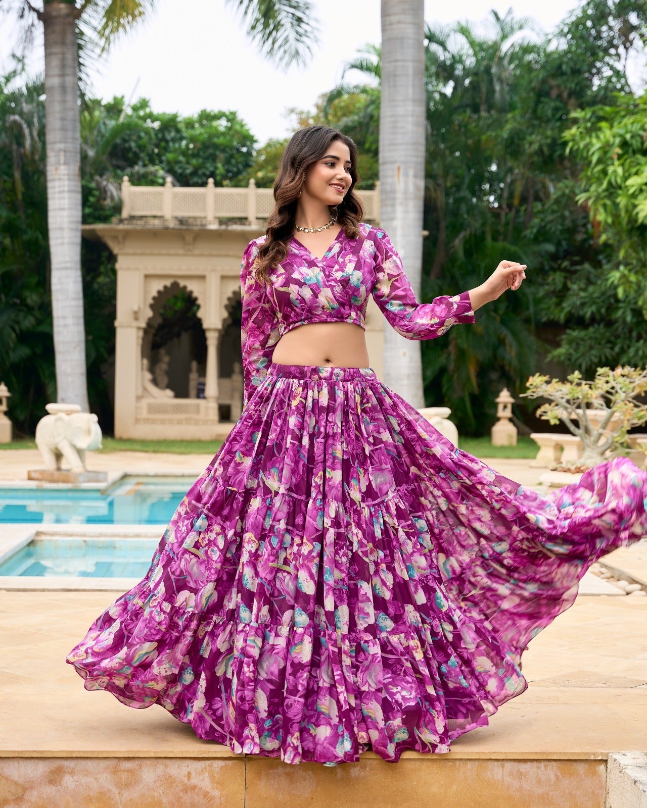 Stunning Georgette Floral Digital Printed Lehenga With Stitched Blouse - Ethnicwish