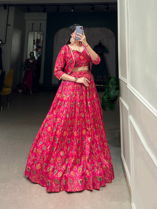Elegant Pink Floral Printed Gotta Patti Worked Lehenga Blouse Koti Set - Ethnicwish