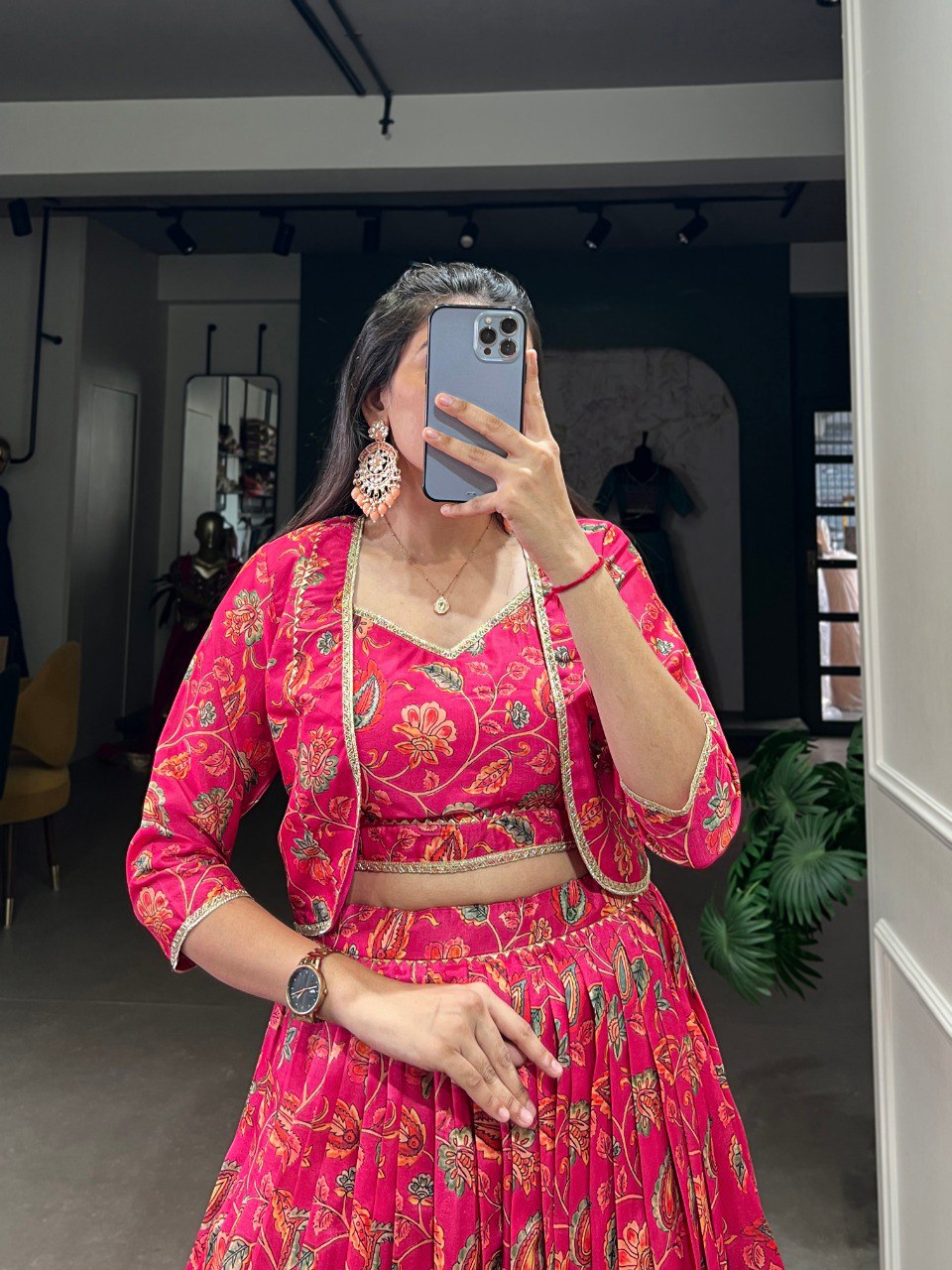 Elegant Pink Floral Printed Gotta Patti Worked Lehenga Blouse Koti Set - Ethnicwish