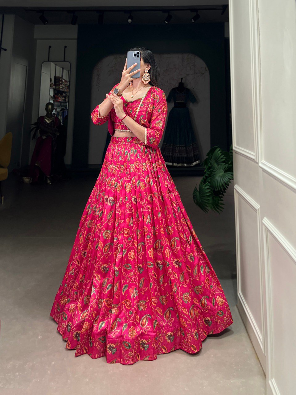 Elegant Pink Floral Printed Gotta Patti Worked Lehenga Blouse Koti Set - Ethnicwish