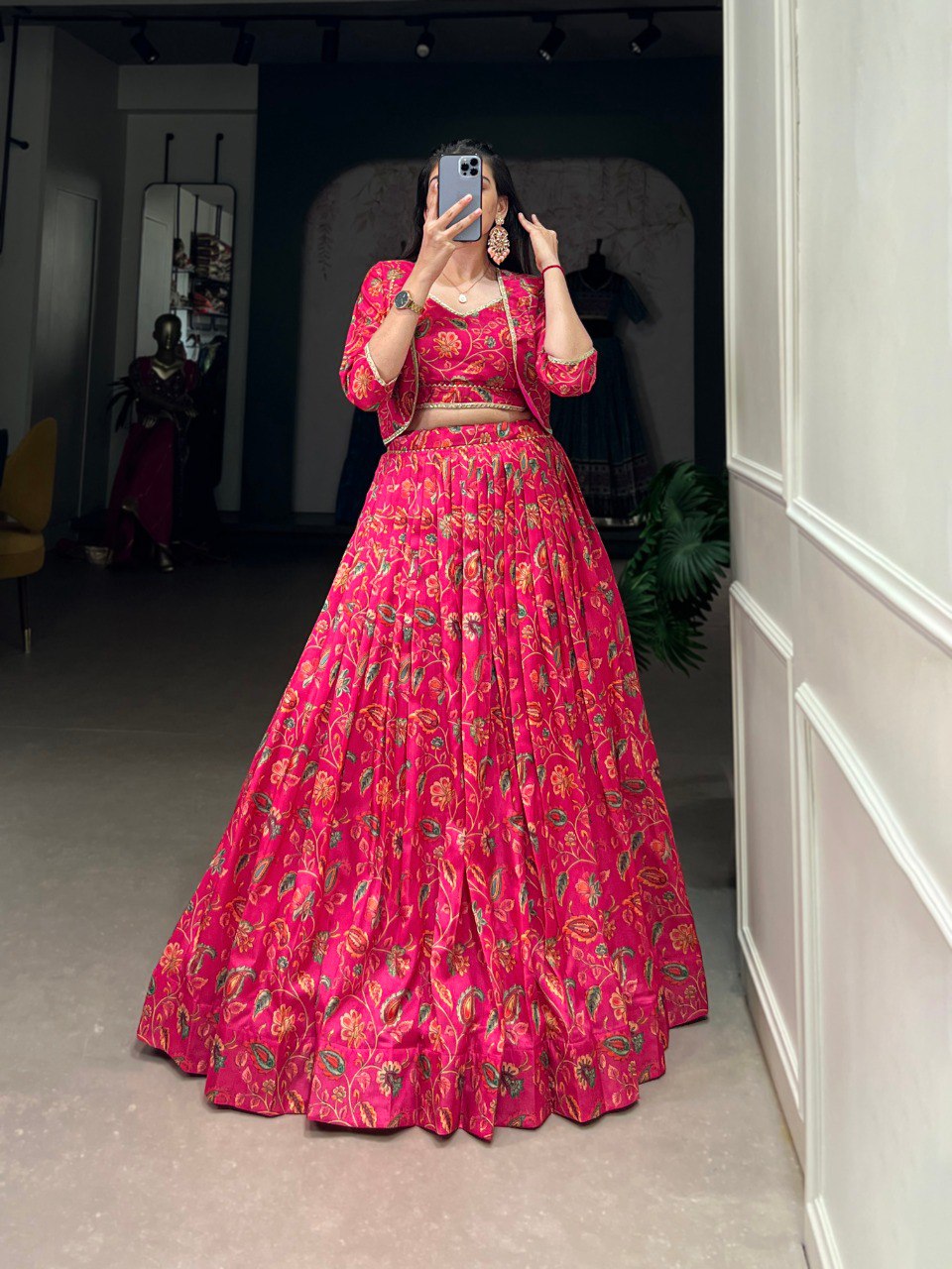 Elegant Pink Floral Printed Gotta Patti Worked Lehenga Blouse Koti Set - Ethnicwish