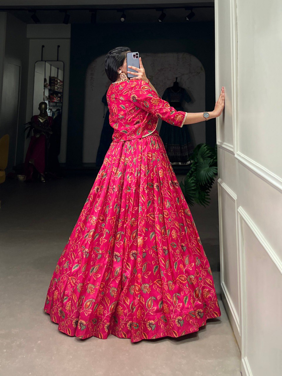 Elegant Pink Floral Printed Gotta Patti Worked Lehenga Blouse Koti Set - Ethnicwish