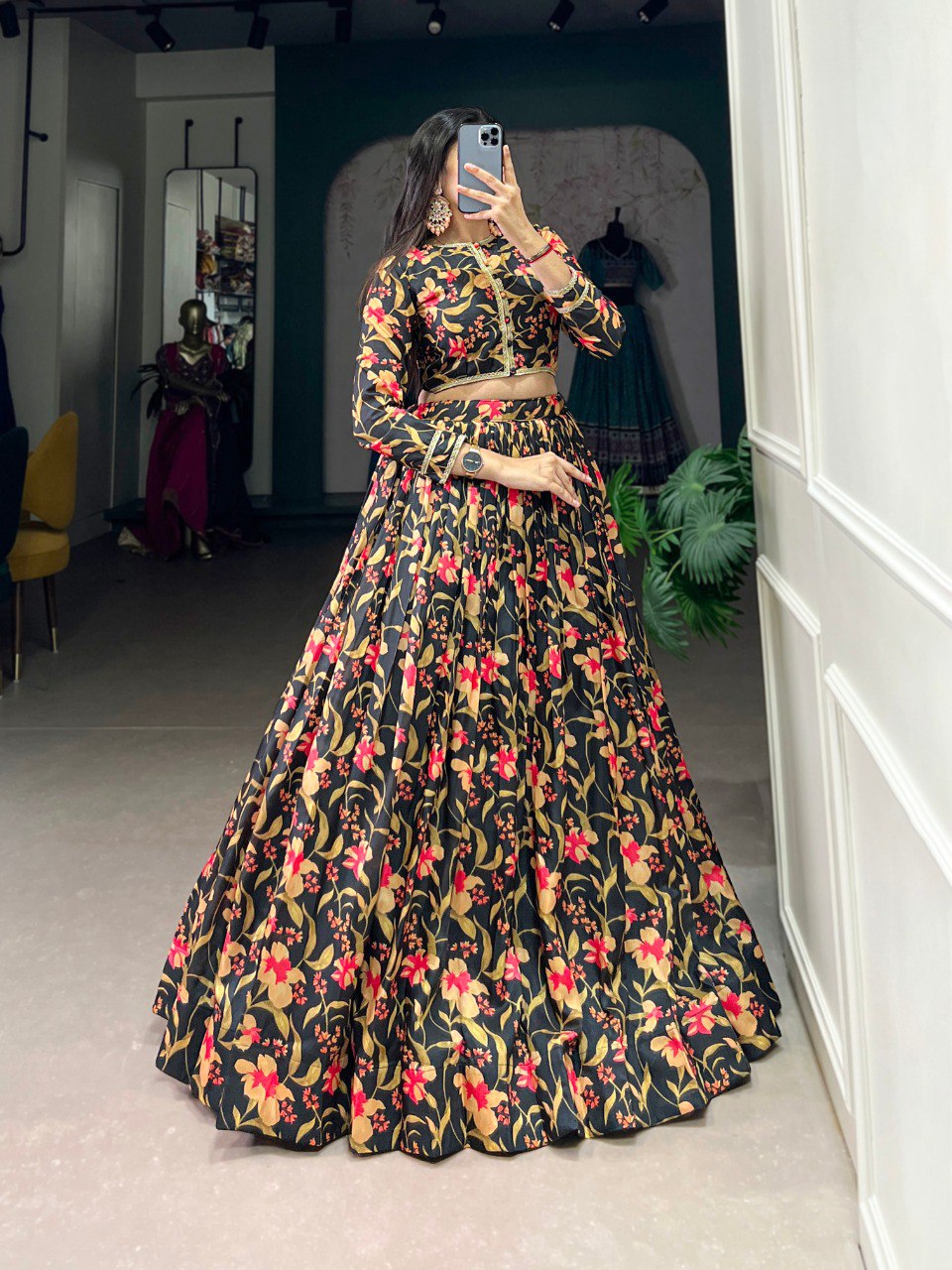 Spellbinding Tussar Silk Floral Lehenga With Stitched Blouse - Ethnicwish