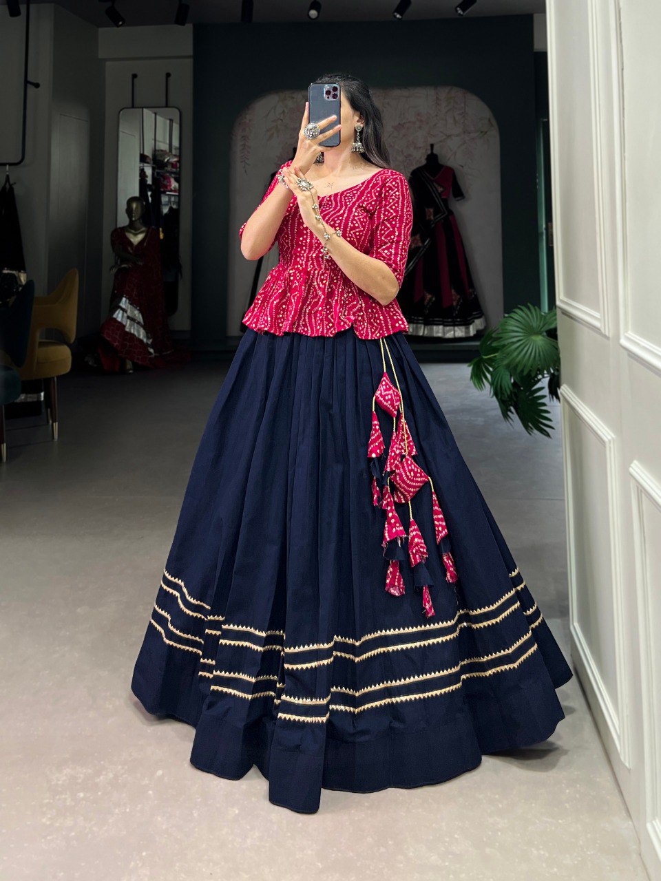 Stylish Navy Blue Pure Cotton Gota Patti Worked Lehenga Blouse Set - Ethnicwish