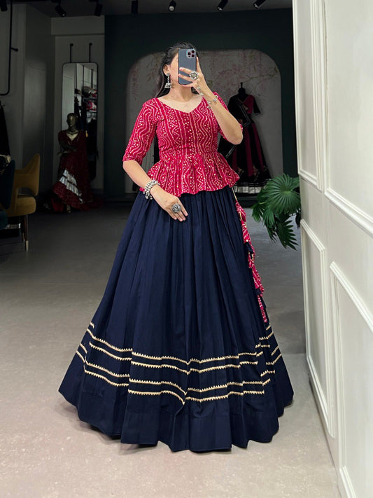 Stylish Navy Blue Pure Cotton Gota Patti Worked Lehenga Blouse Set - Ethnicwish