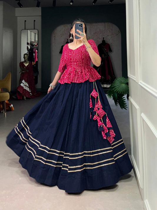 Stylish Navy Blue Pure Cotton Gota Patti Worked Lehenga Blouse Set - Ethnicwish