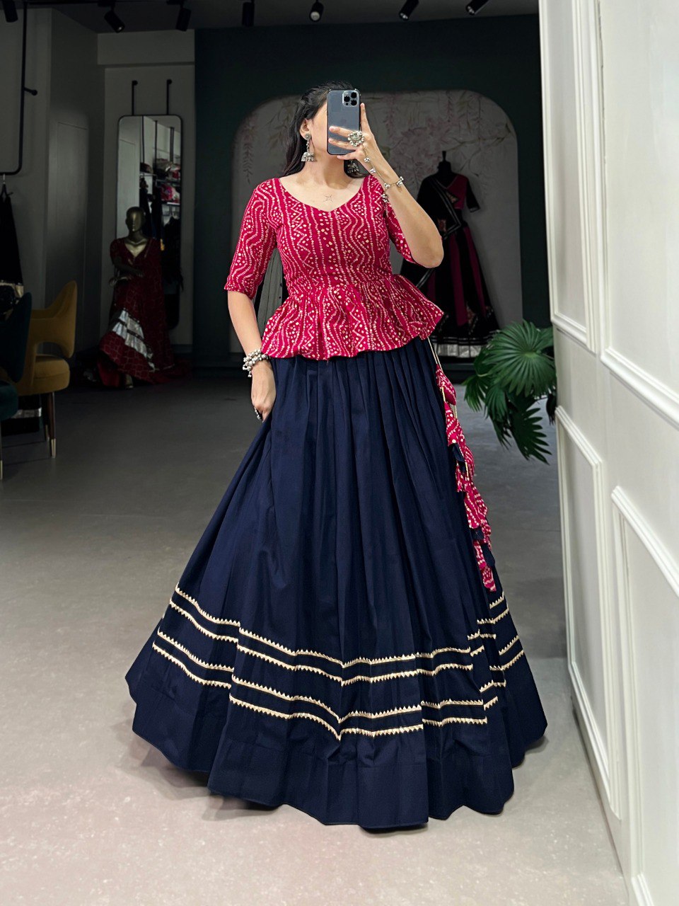 Stylish Navy Blue Pure Cotton Gota Patti Worked Lehenga Blouse Set - Ethnicwish