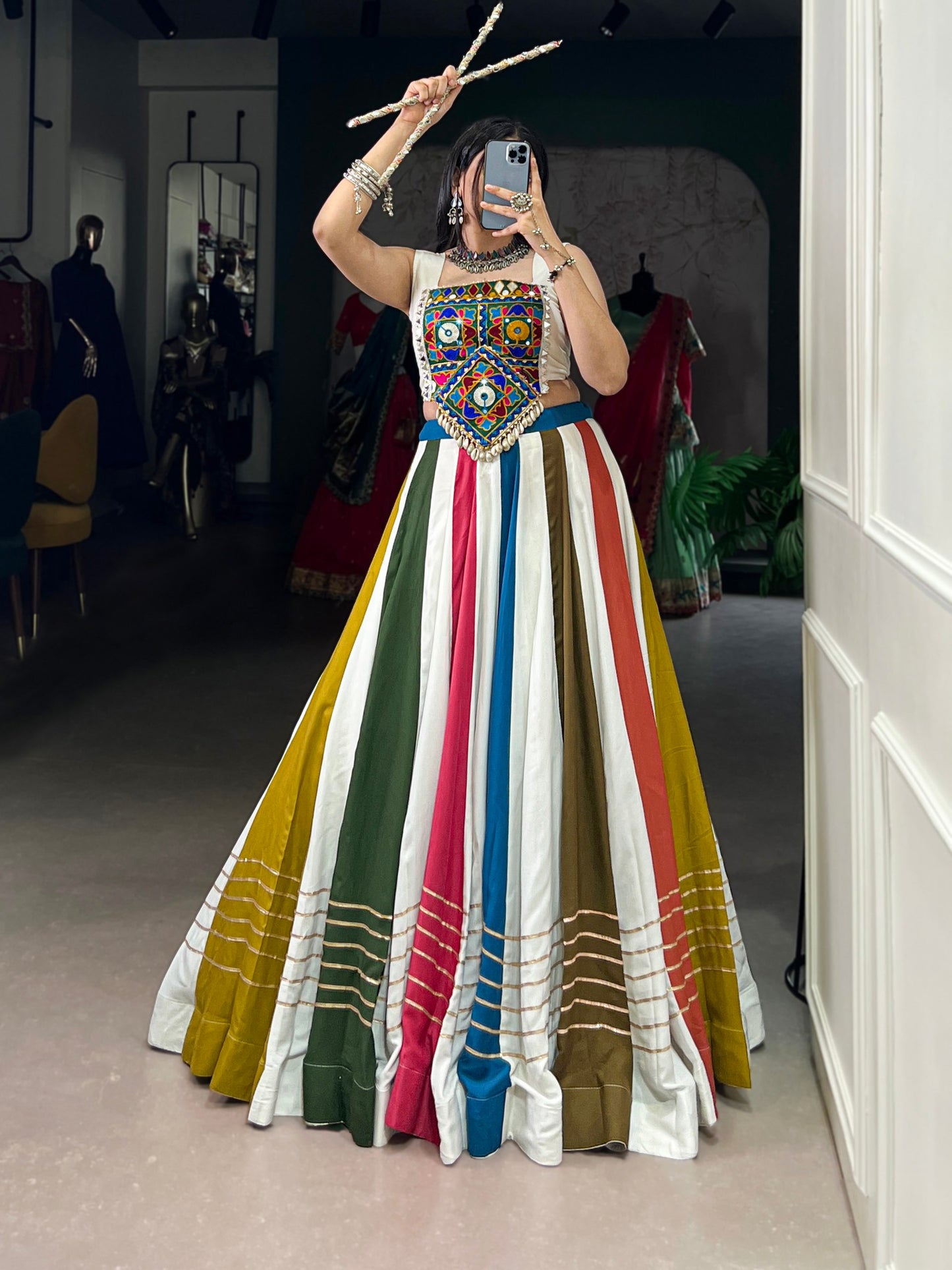 Multicolored Stripe Pure Rayon Navratri Wear Lehenga Choli