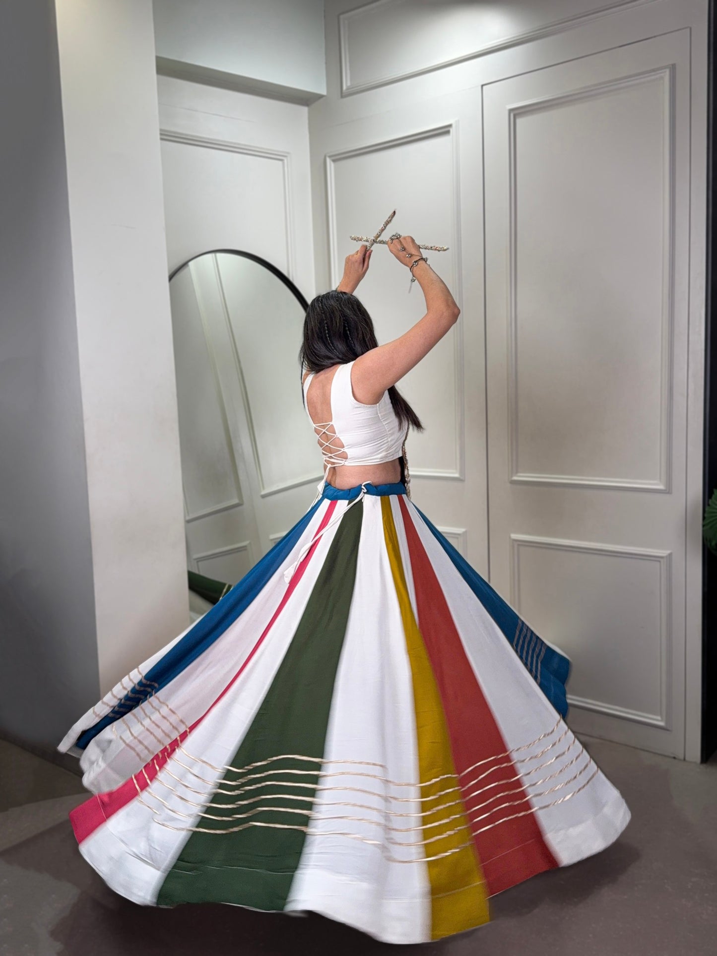 Multicolored Stripe Pure Rayon Navratri Wear Lehenga Choli