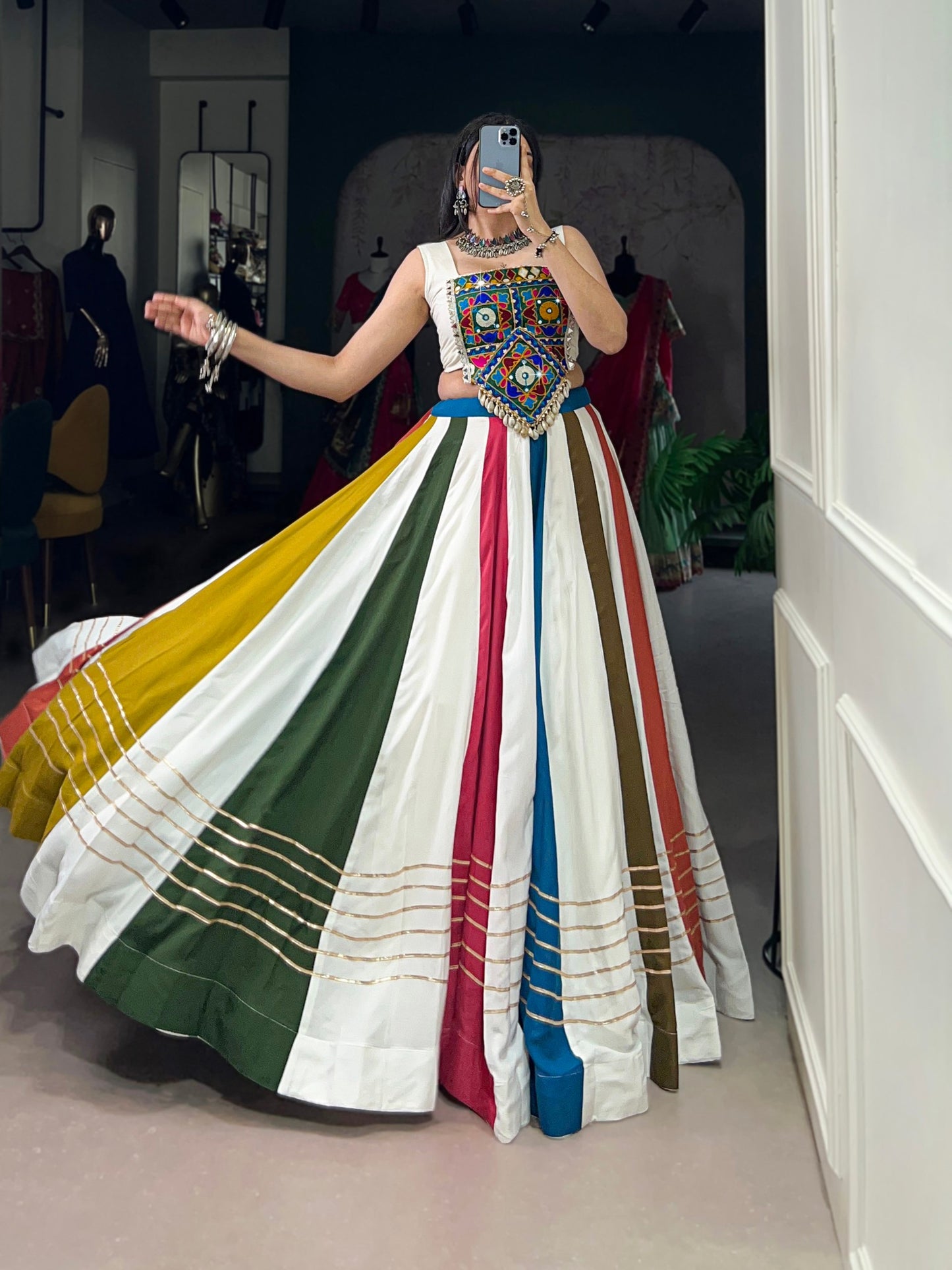 Multicolored Stripe Pure Rayon Navratri Wear Lehenga Choli