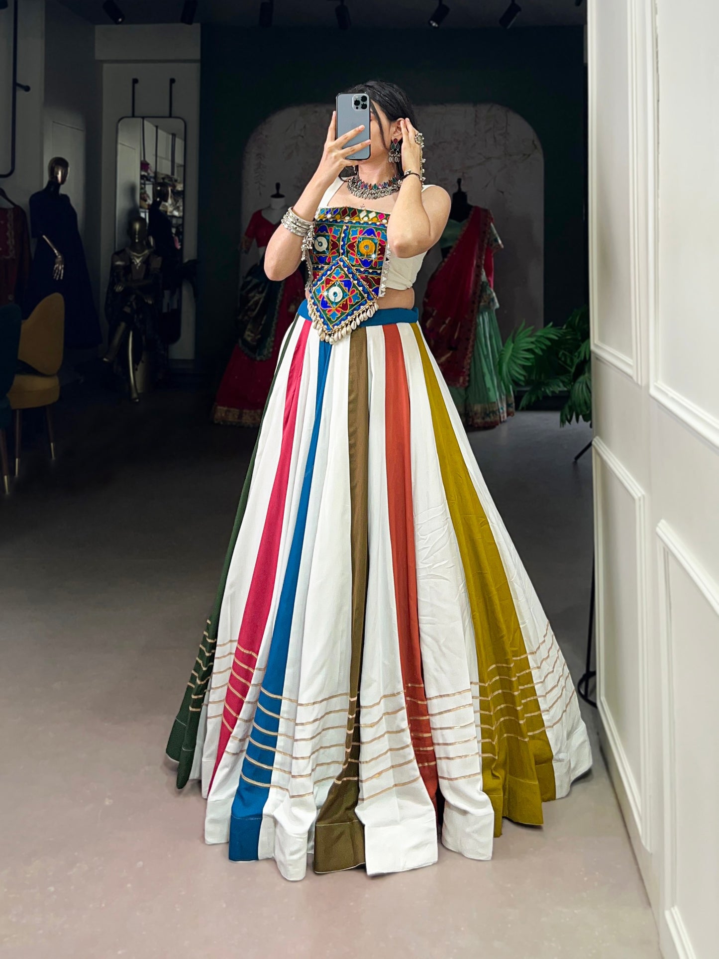 Multicolored Stripe Pure Rayon Navratri Wear Lehenga Choli