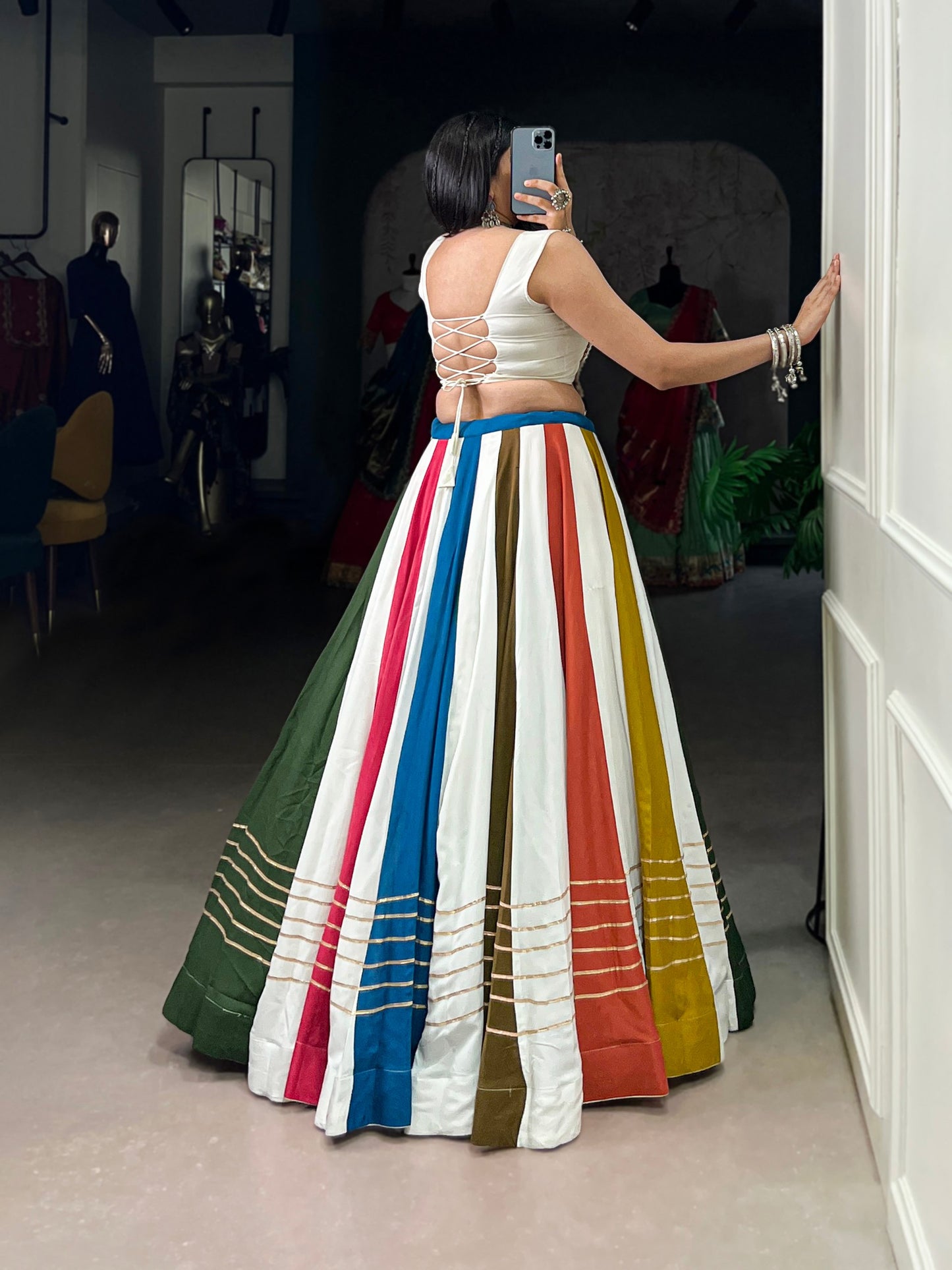 Multicolored Stripe Pure Rayon Navratri Wear Lehenga Choli