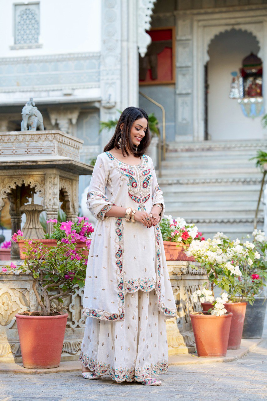 Spellbinding White Vichitra Silk Sequins Thread Worked Top Sharara Suit - Ethnicwish