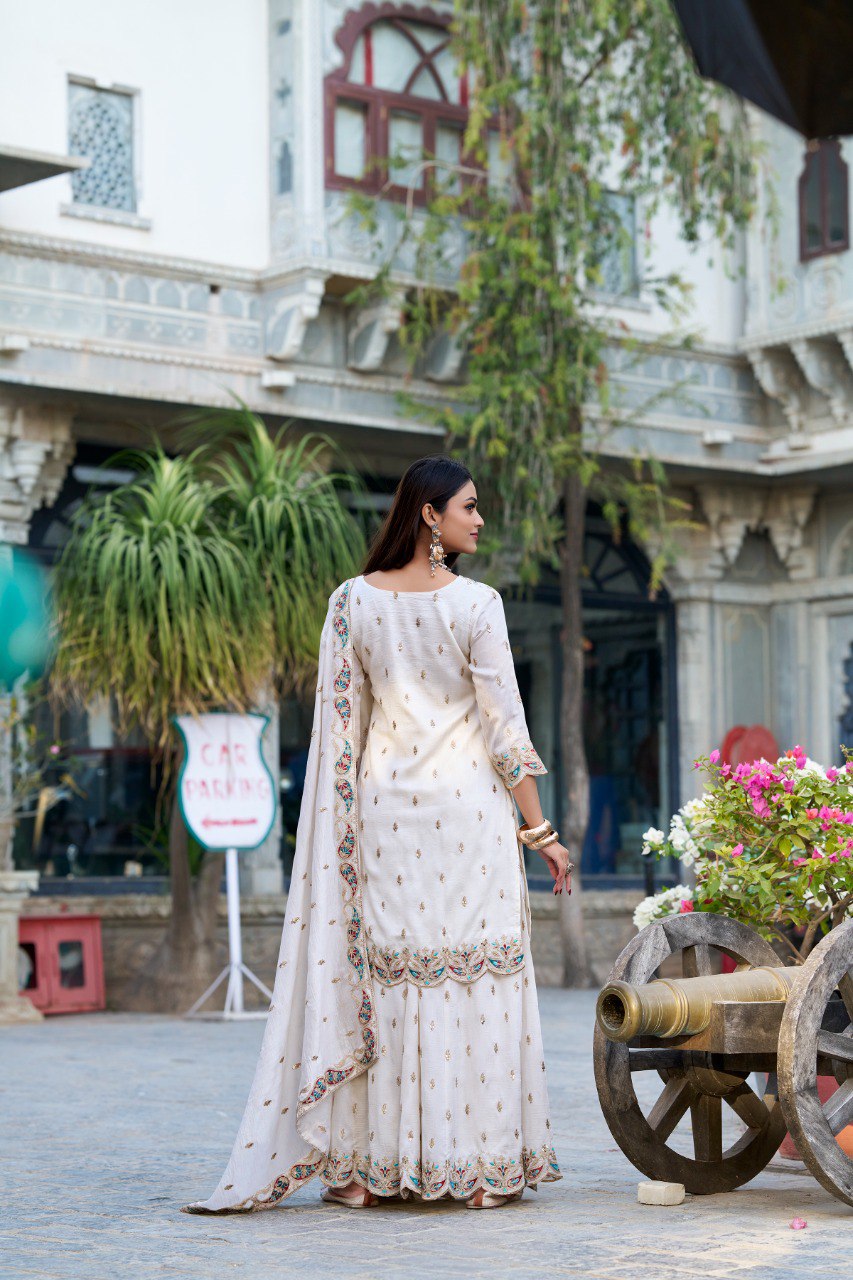 Spellbinding White Vichitra Silk Sequins Thread Worked Top Sharara Suit - Ethnicwish