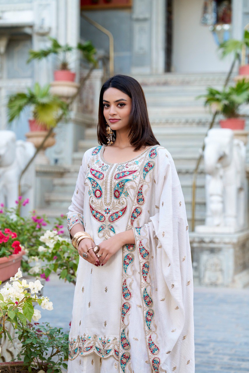 Spellbinding White Vichitra Silk Sequins Thread Worked Top Sharara Suit - Ethnicwish